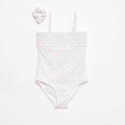 Smocked Swimsuit with Scrunchie WHITE
