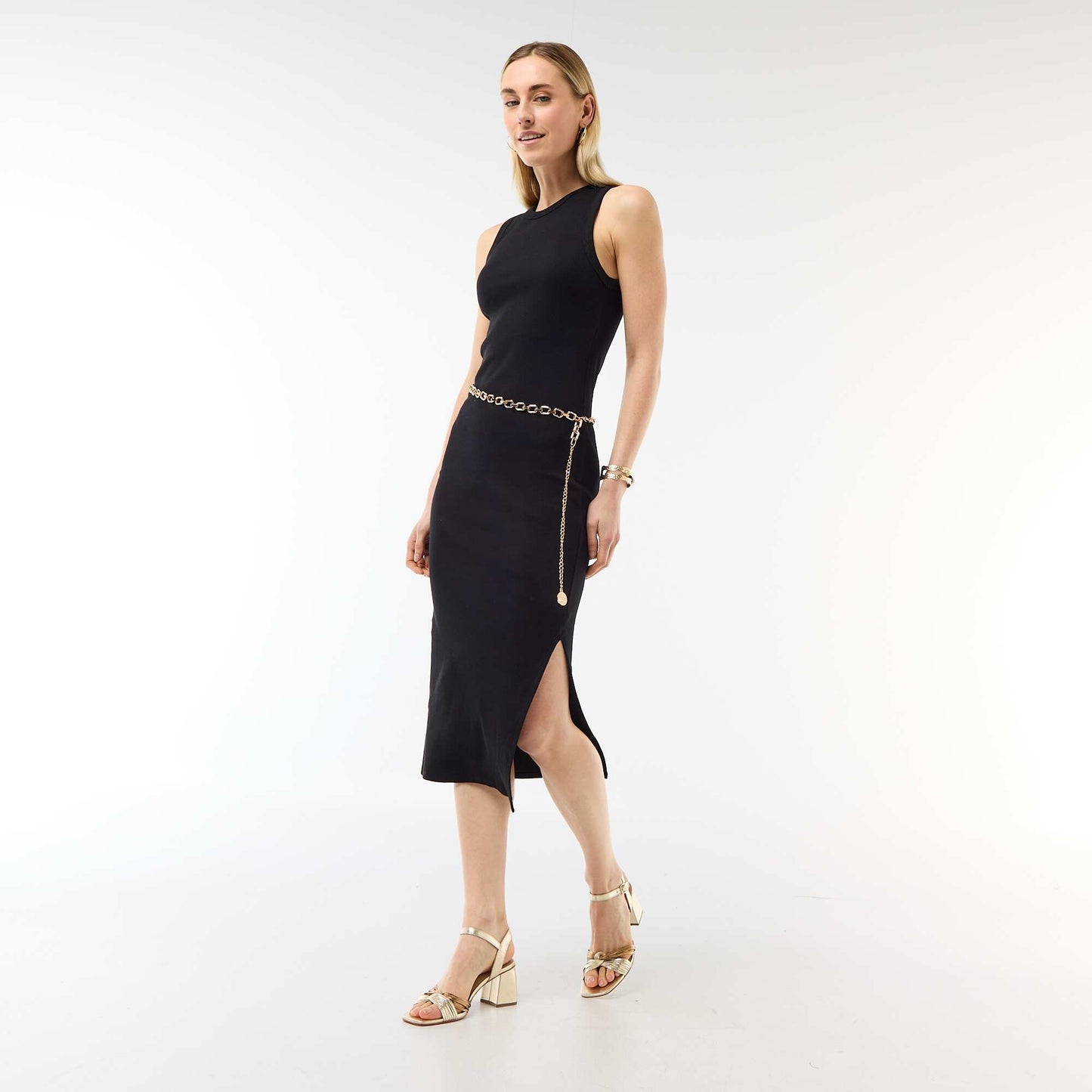 Sleeveless Ribbed Midi Dress BLACK
