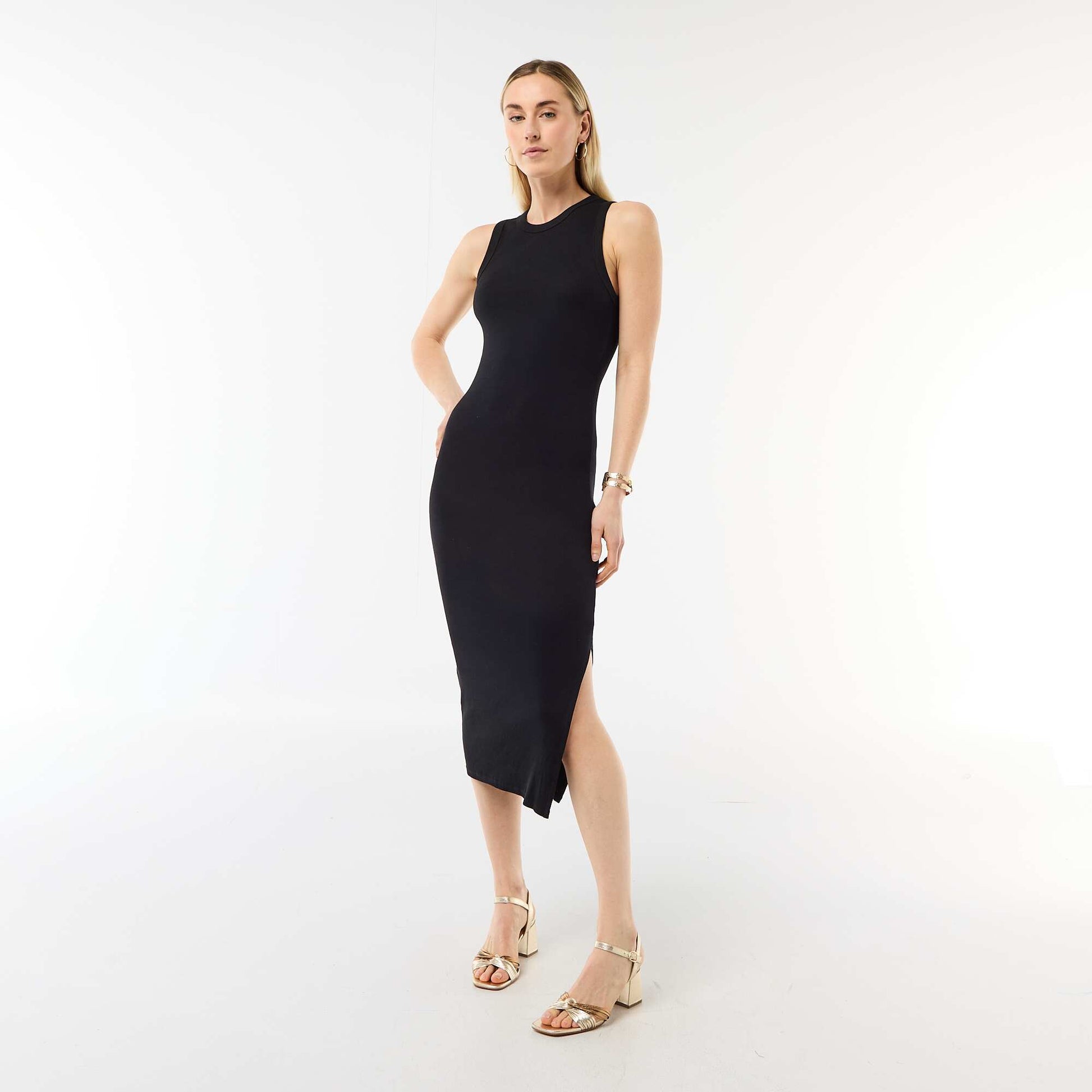 Sleeveless Ribbed Midi Dress BLACK