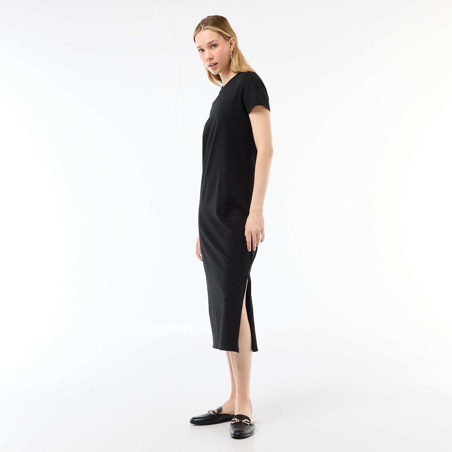 Long jersey dress with short sleeves BLACK