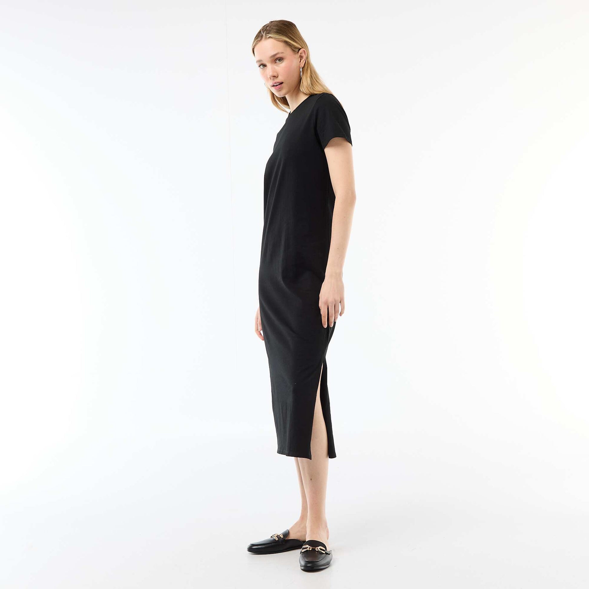 Long jersey dress with short sleeves BLACK