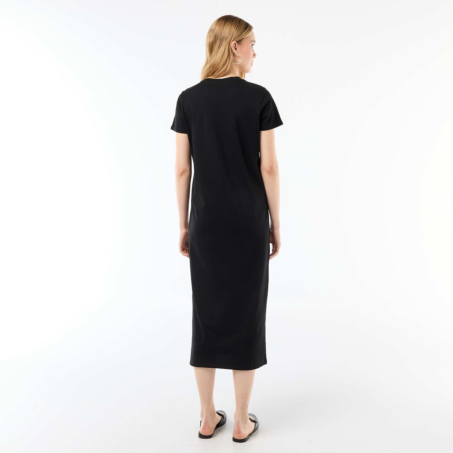 Long jersey dress with short sleeves BLACK