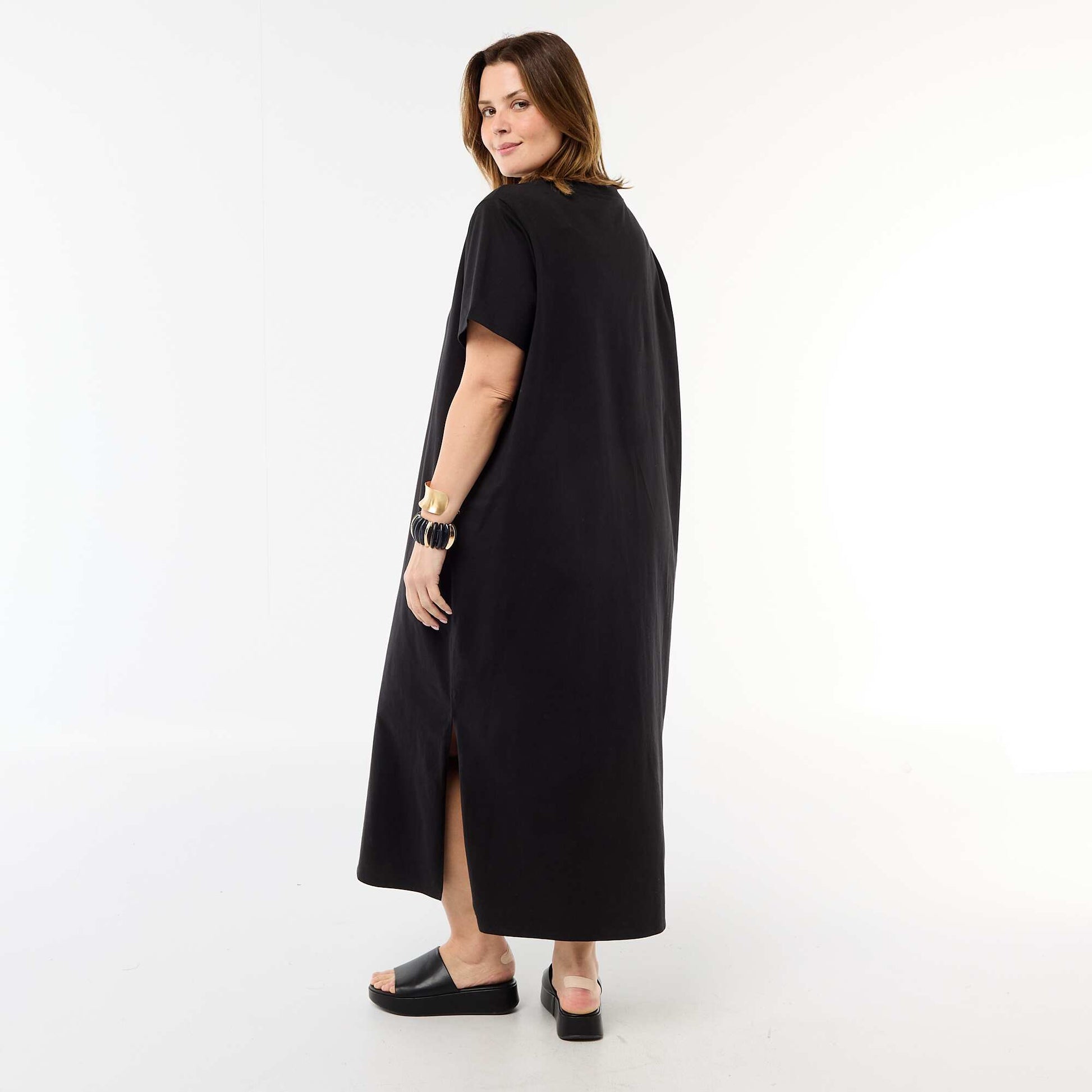 Plain long t-shirt dress BLACK