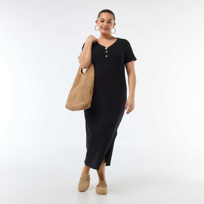 Ribbed Knit Maxi Dress with Short Sleeves BLACK