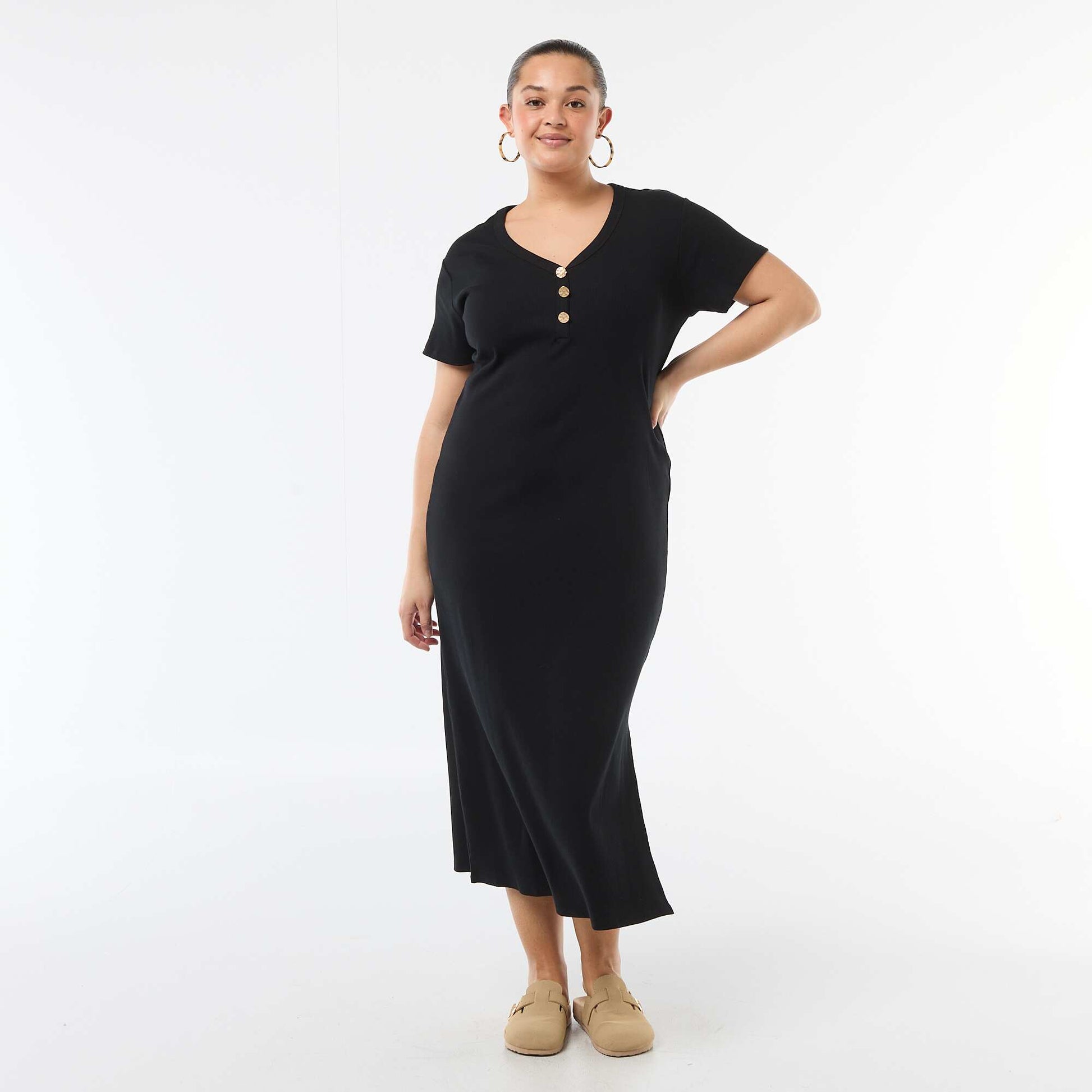 Ribbed Knit Maxi Dress with Short Sleeves BLACK