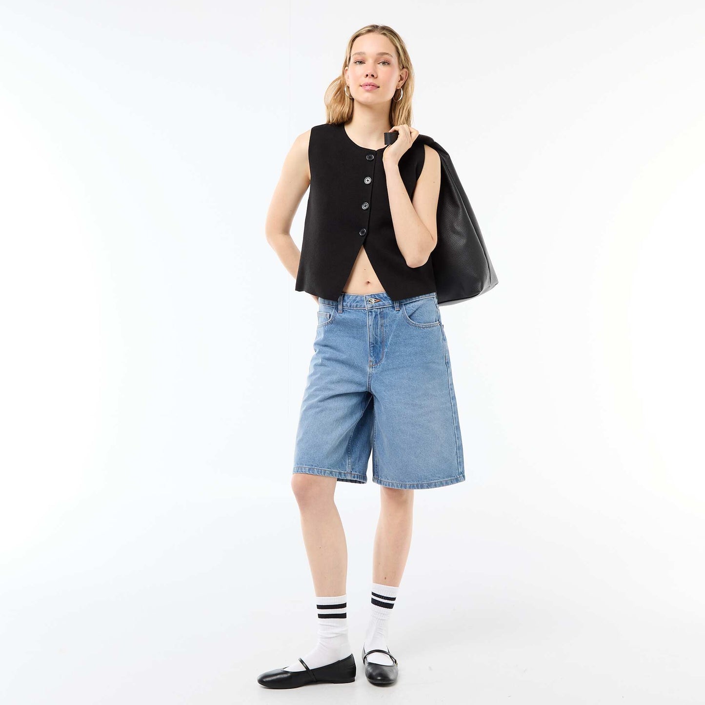 High-Waisted Denim Bermuda Shorts BLUE