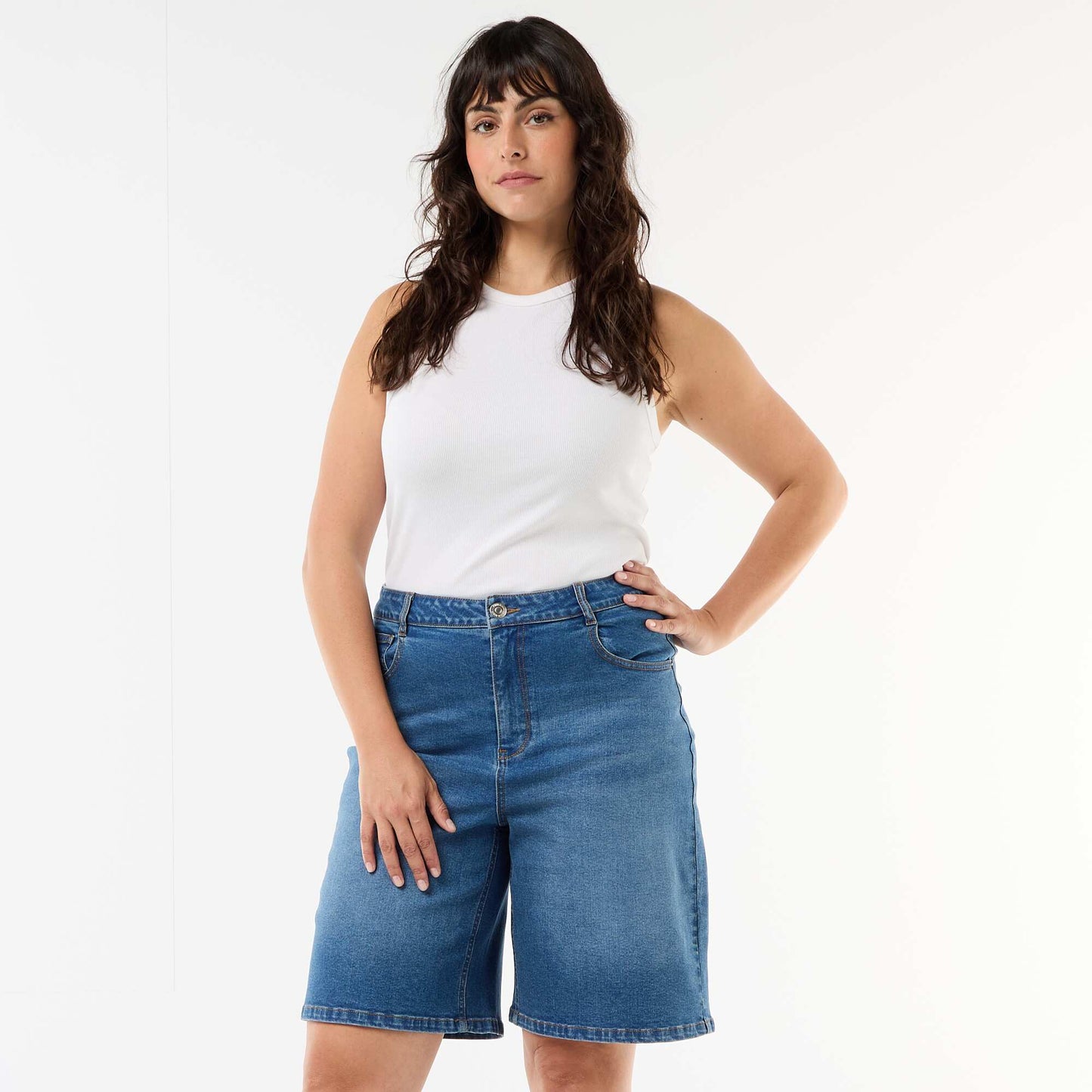 High-waisted denim Bermuda shorts BLUE