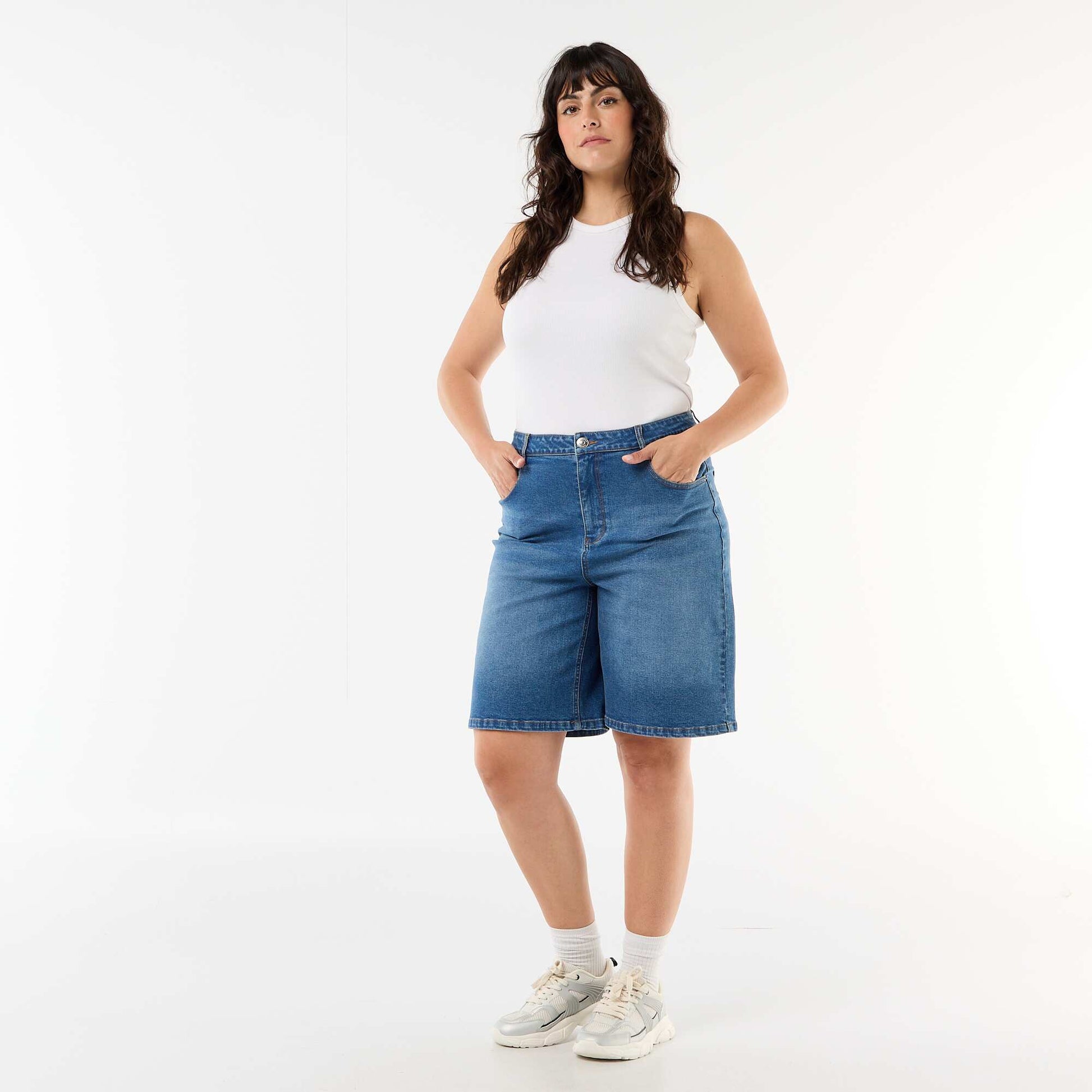 High-waisted denim Bermuda shorts BLUE