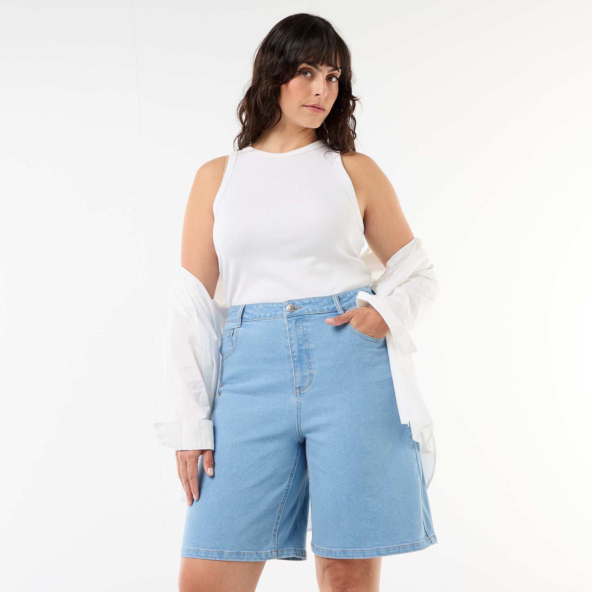 High-waisted denim Bermuda shorts BLUE