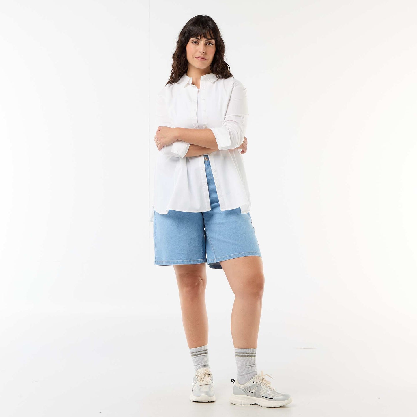High-waisted denim Bermuda shorts BLUE