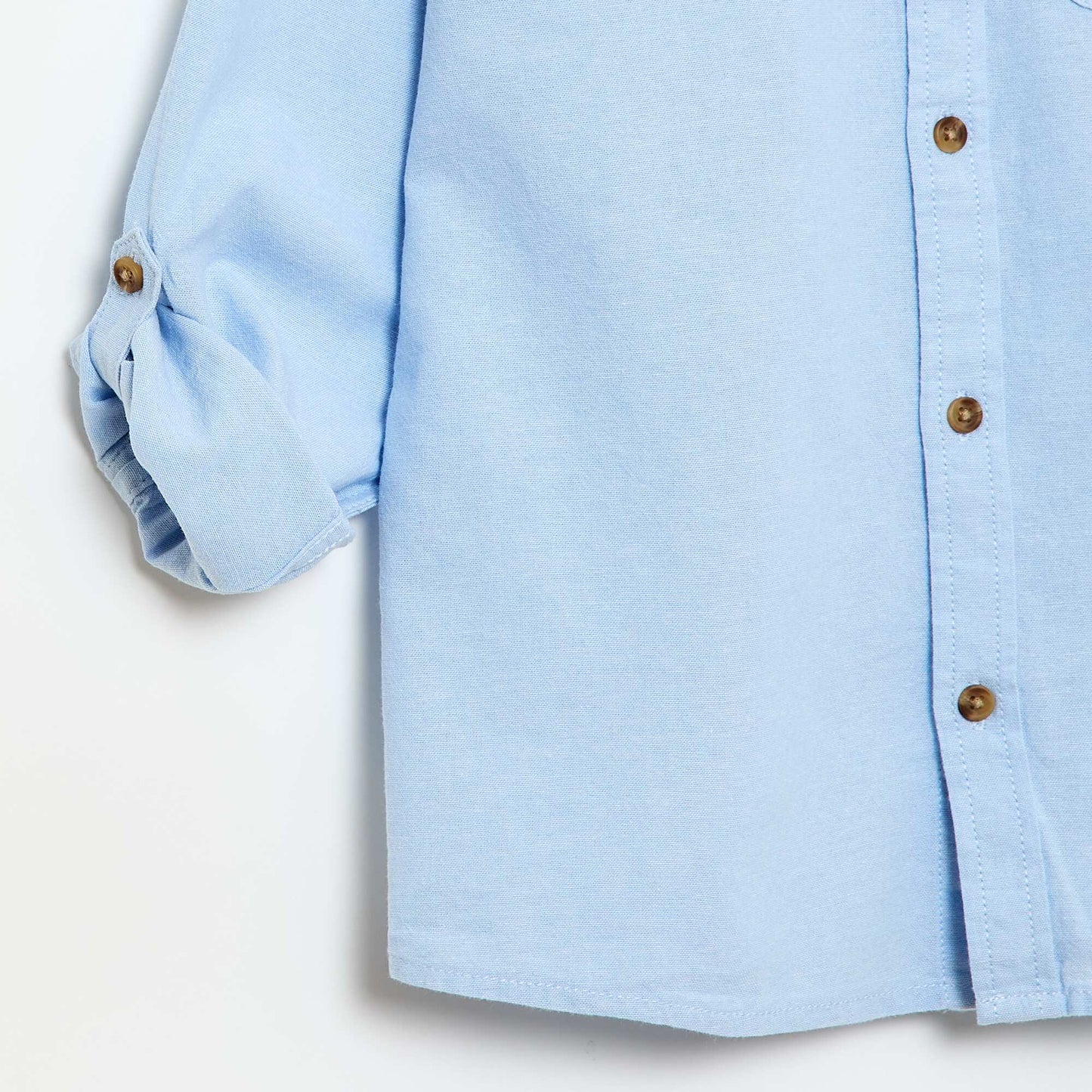Plain Cotton Mandarin Collar Shirt BLUE