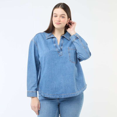 Straight-Cut Denim Blouse BLUE