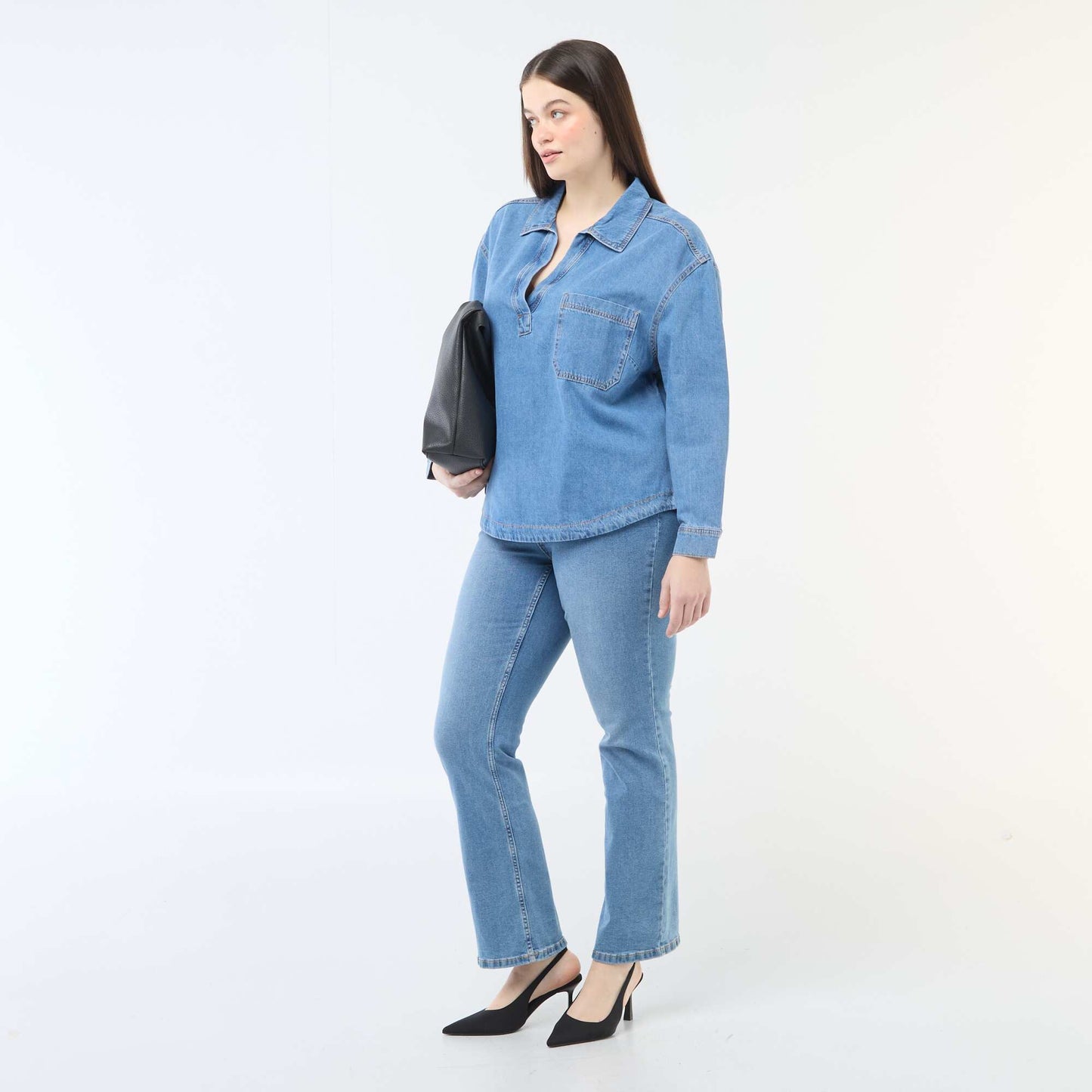 Straight-Cut Denim Blouse BLUE