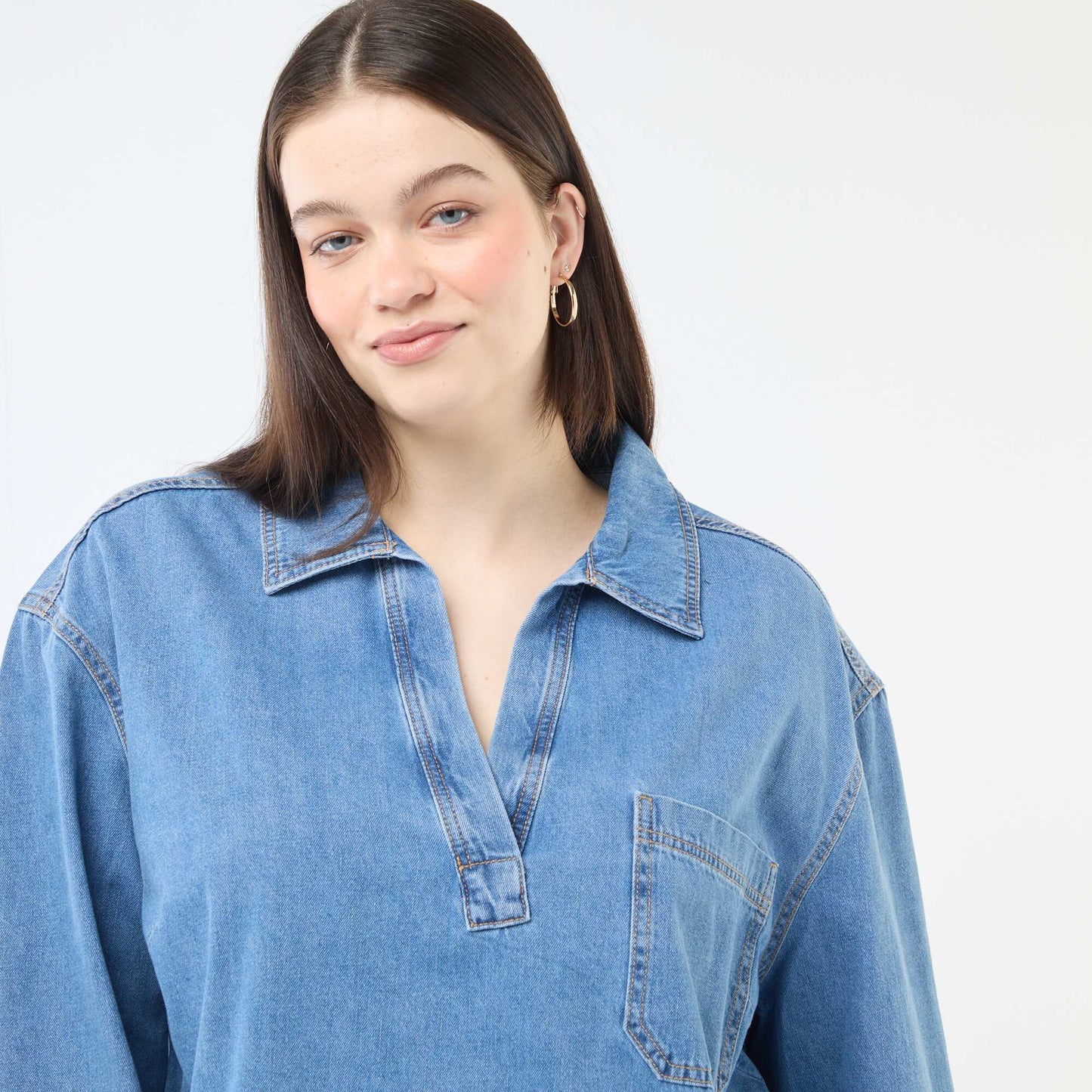 Straight-Cut Denim Blouse BLUE