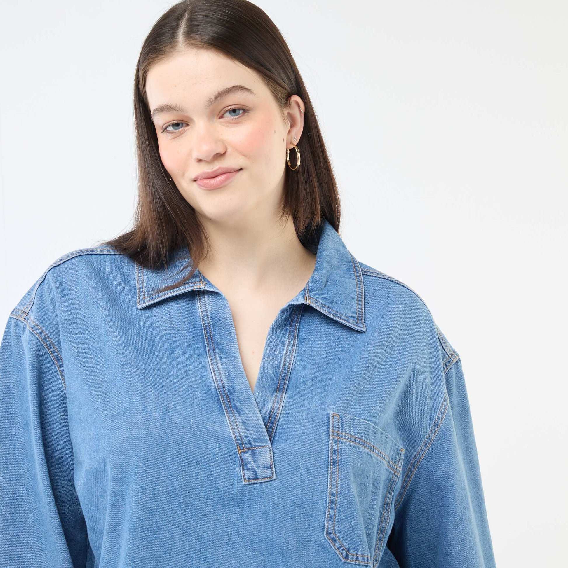Straight-Cut Denim Blouse BLUE