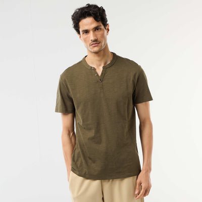 Short-Sleeved Tunisian Collar T-Shirt KHAKI