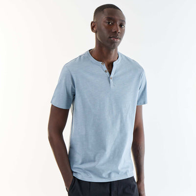 Short-Sleeved Tunisian Collar T-Shirt BLUE