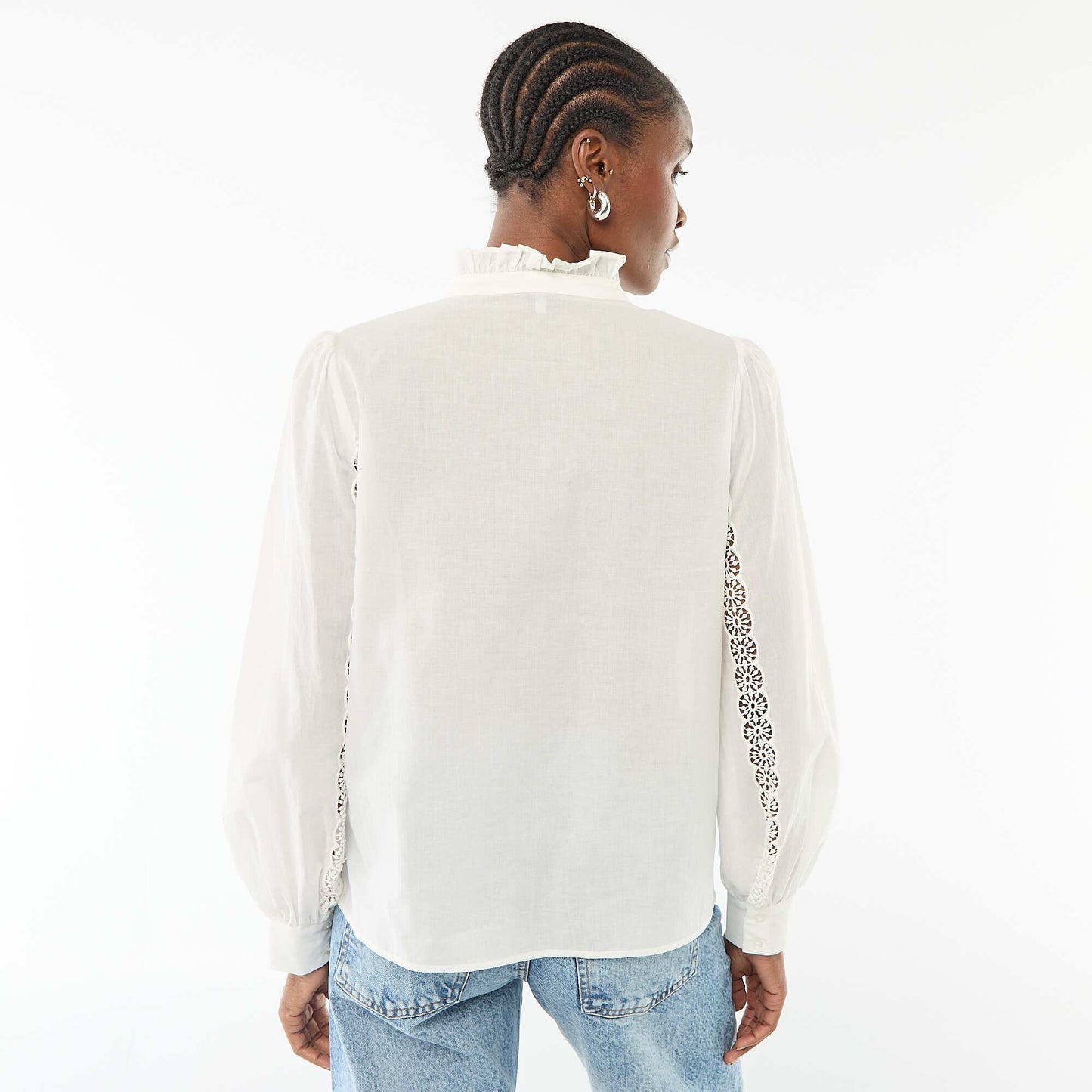 Embroidered Blouse with Ruffled Collar WHITE