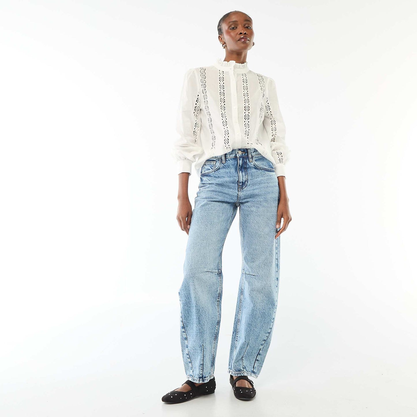Embroidered Blouse with Ruffled Collar WHITE