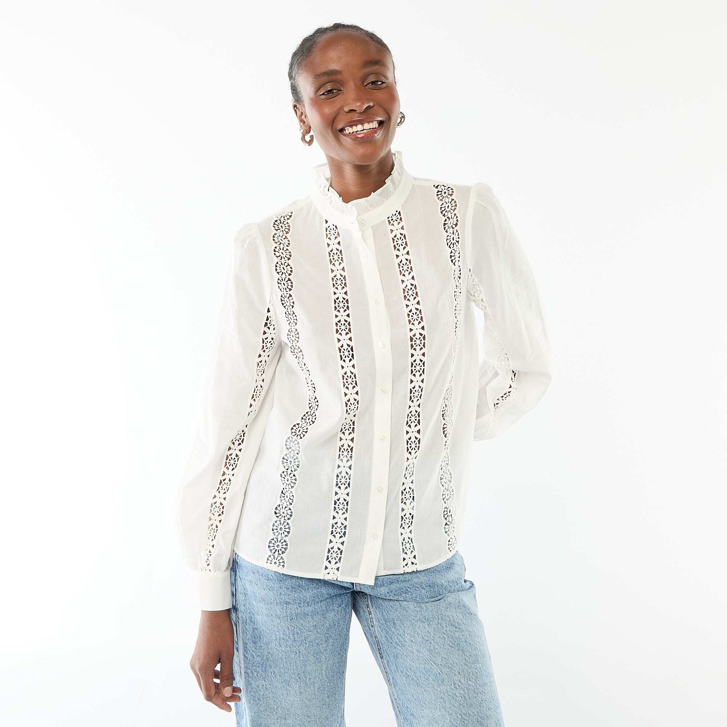 Embroidered Blouse with Ruffled Collar WHITE