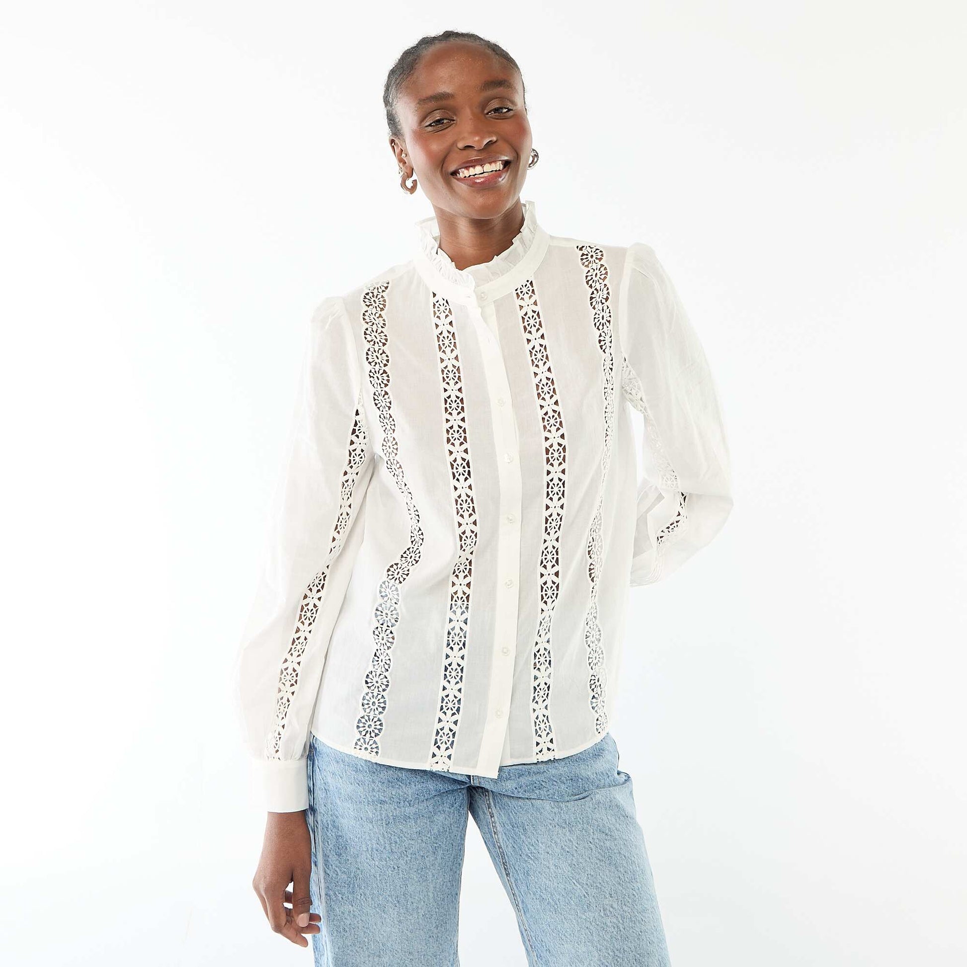 Embroidered Blouse with Ruffled Collar WHITE
