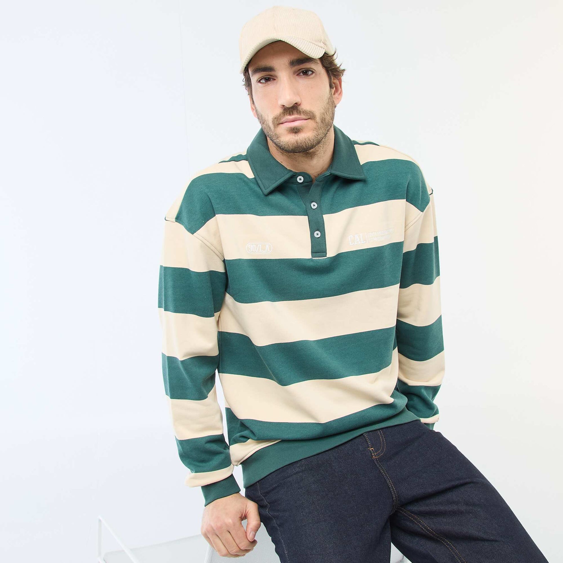 Long-Sleeved Rugby Style Polo Shirt WHITE