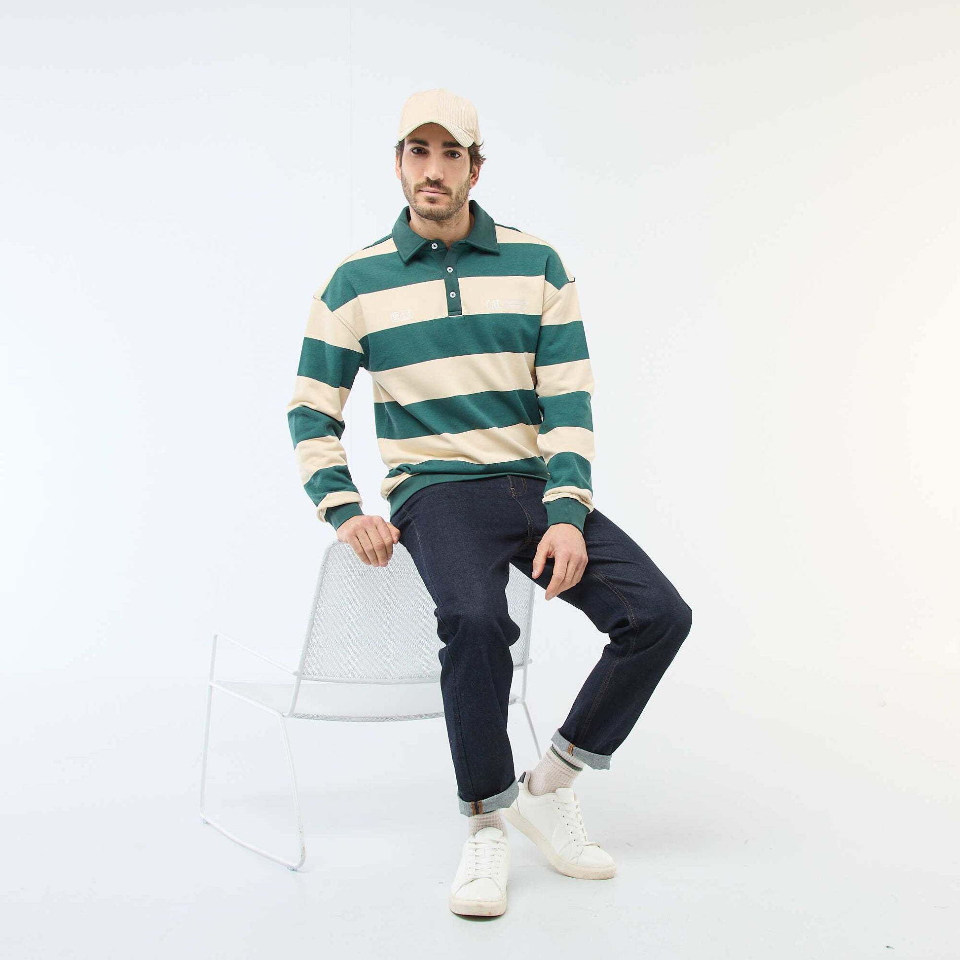 Long-Sleeved Rugby Style Polo Shirt WHITE