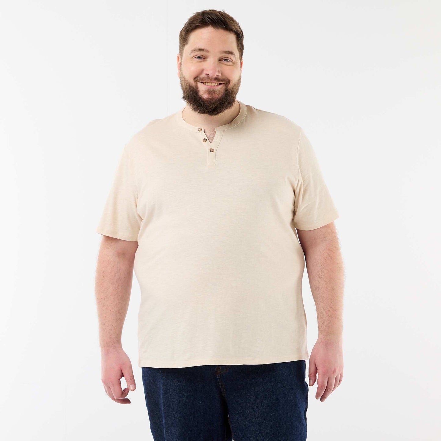 Jersey T-shirt with Henley collar and short sleeves BEIGE