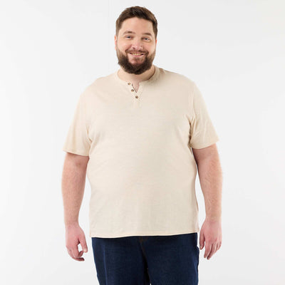 Jersey T-shirt with Henley collar and short sleeves BEIGE