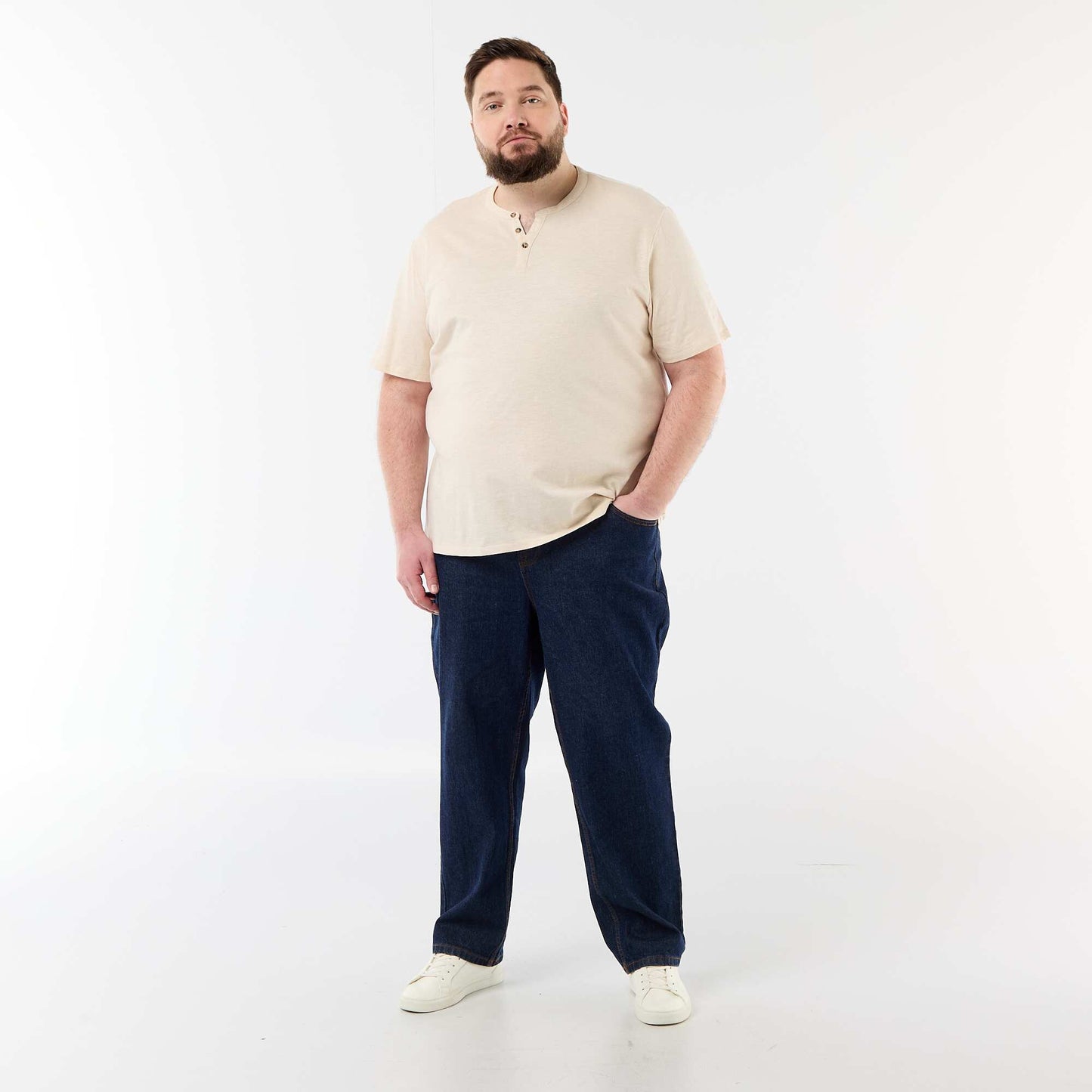 Jersey T-shirt with Henley collar and short sleeves BEIGE