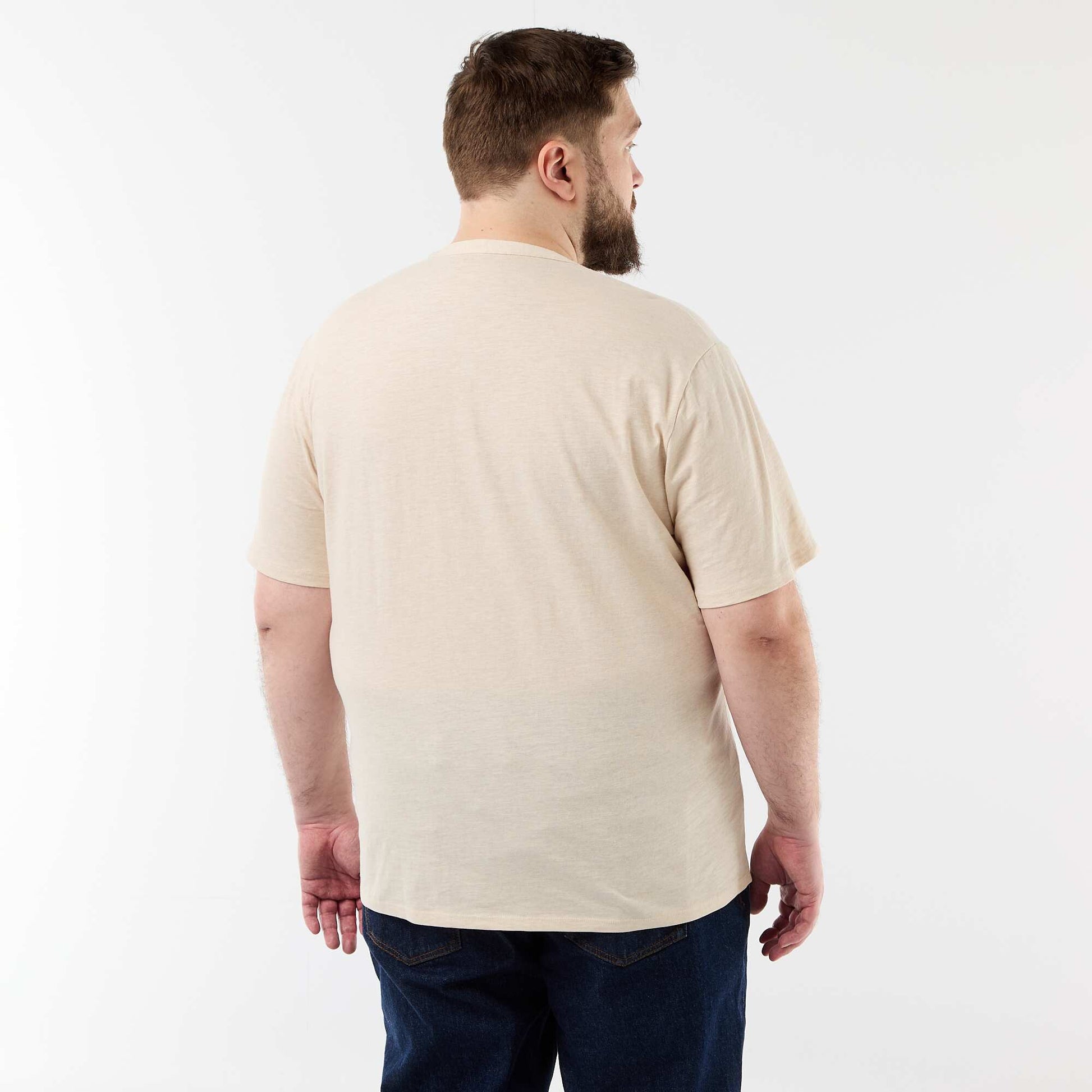 Jersey T-shirt with Henley collar and short sleeves BEIGE