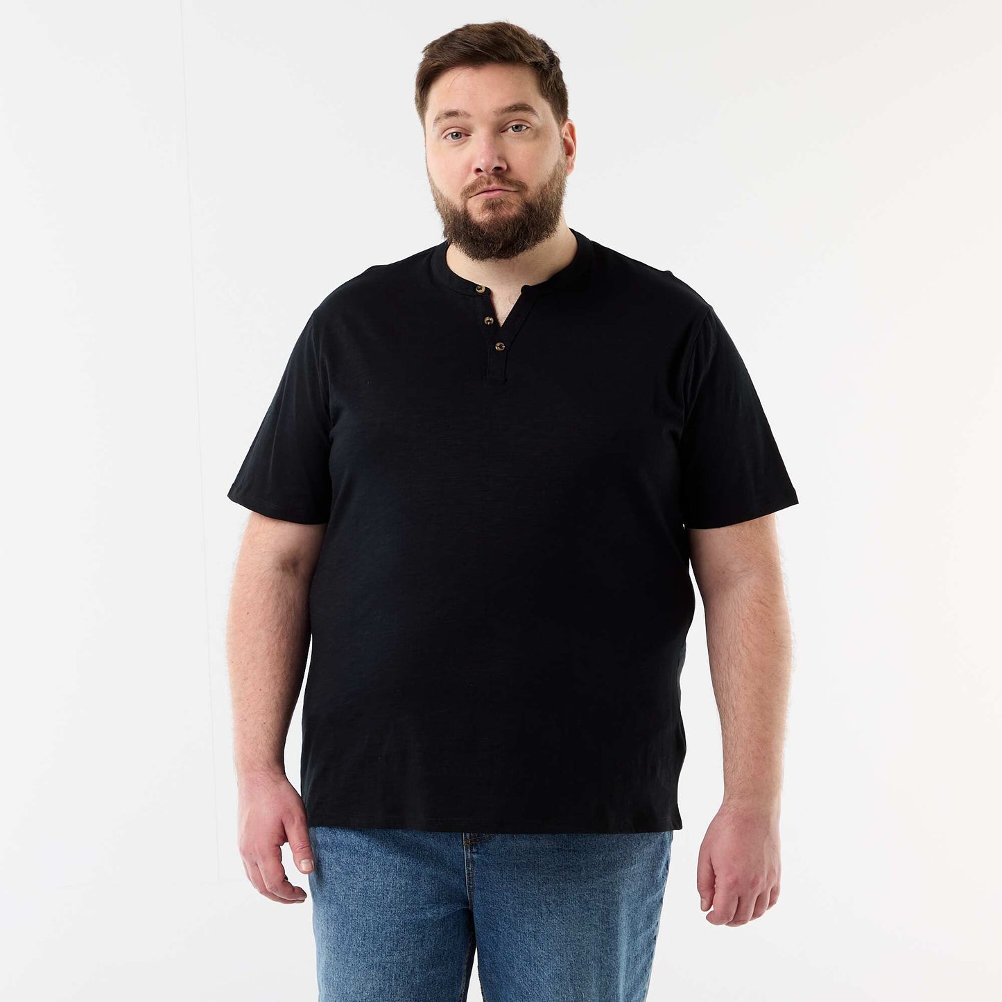 Jersey T-shirt with Henley collar and short sleeves BLACK