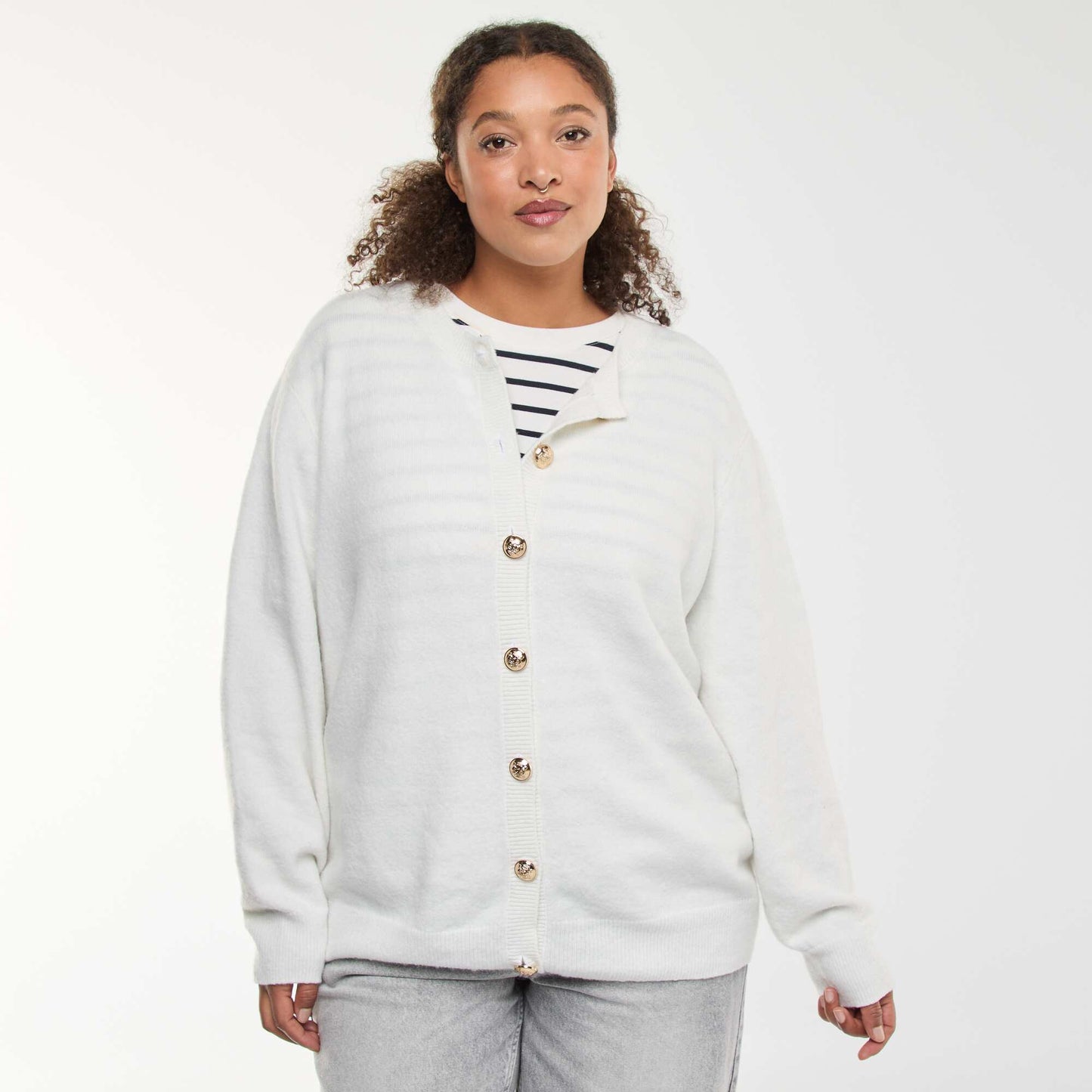 Retro Buttoned Marled Knit Cardigan WHITE