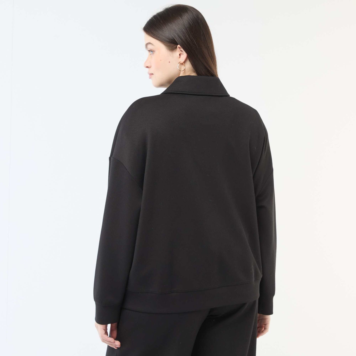 Solid Sweatshirt with Zipped Trucker Collar BLACK