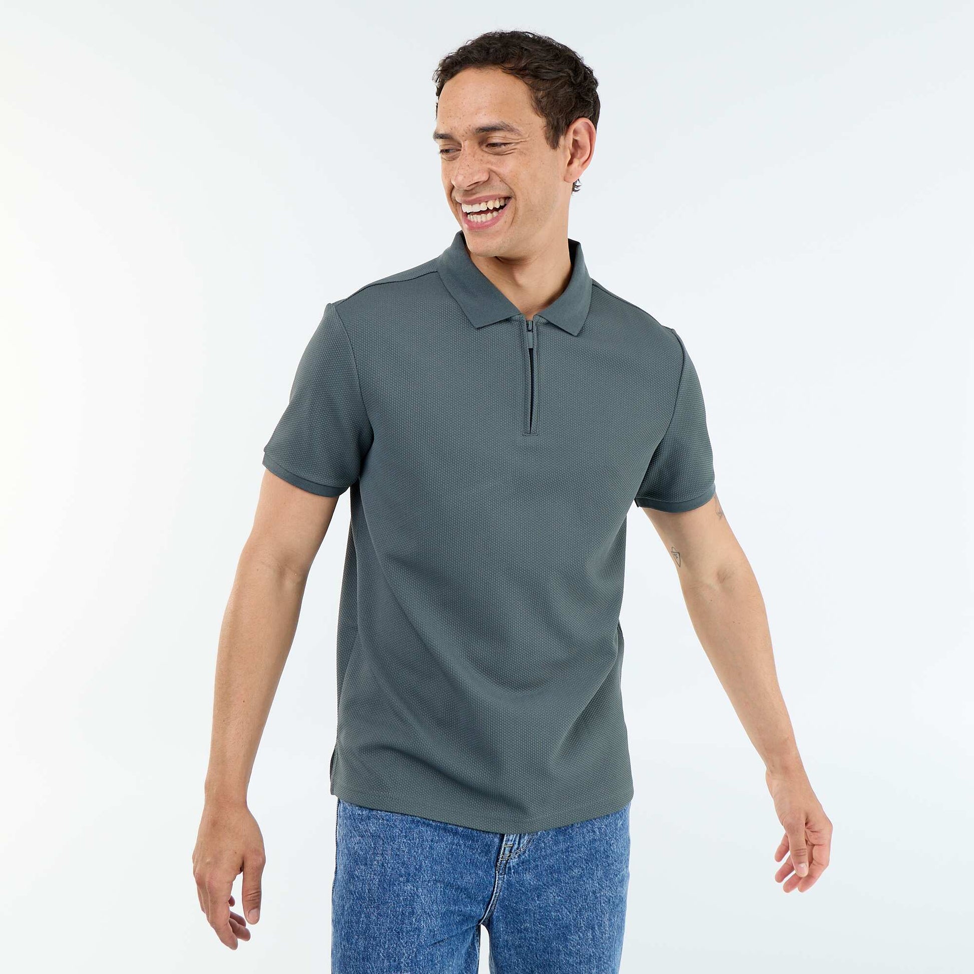 Honeycomb Knit Polo with Zip Collar GREEN