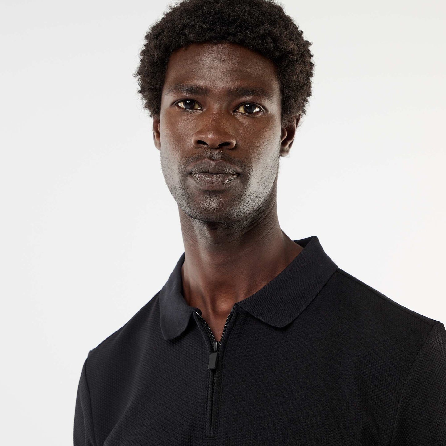 Honeycomb Knit Polo with Zip Collar BLACK