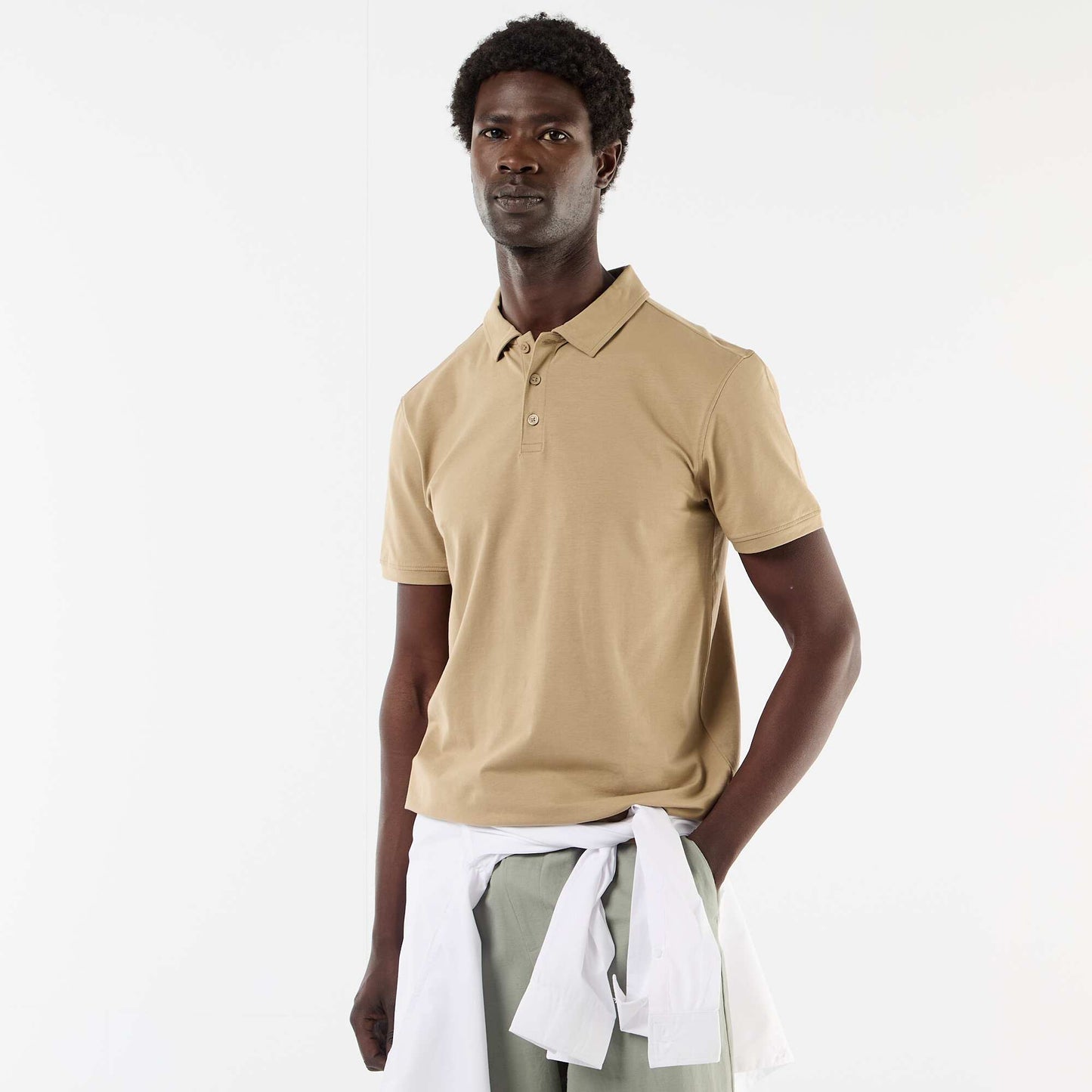 Honeycomb Knit Polo with Zip Collar BEIGE