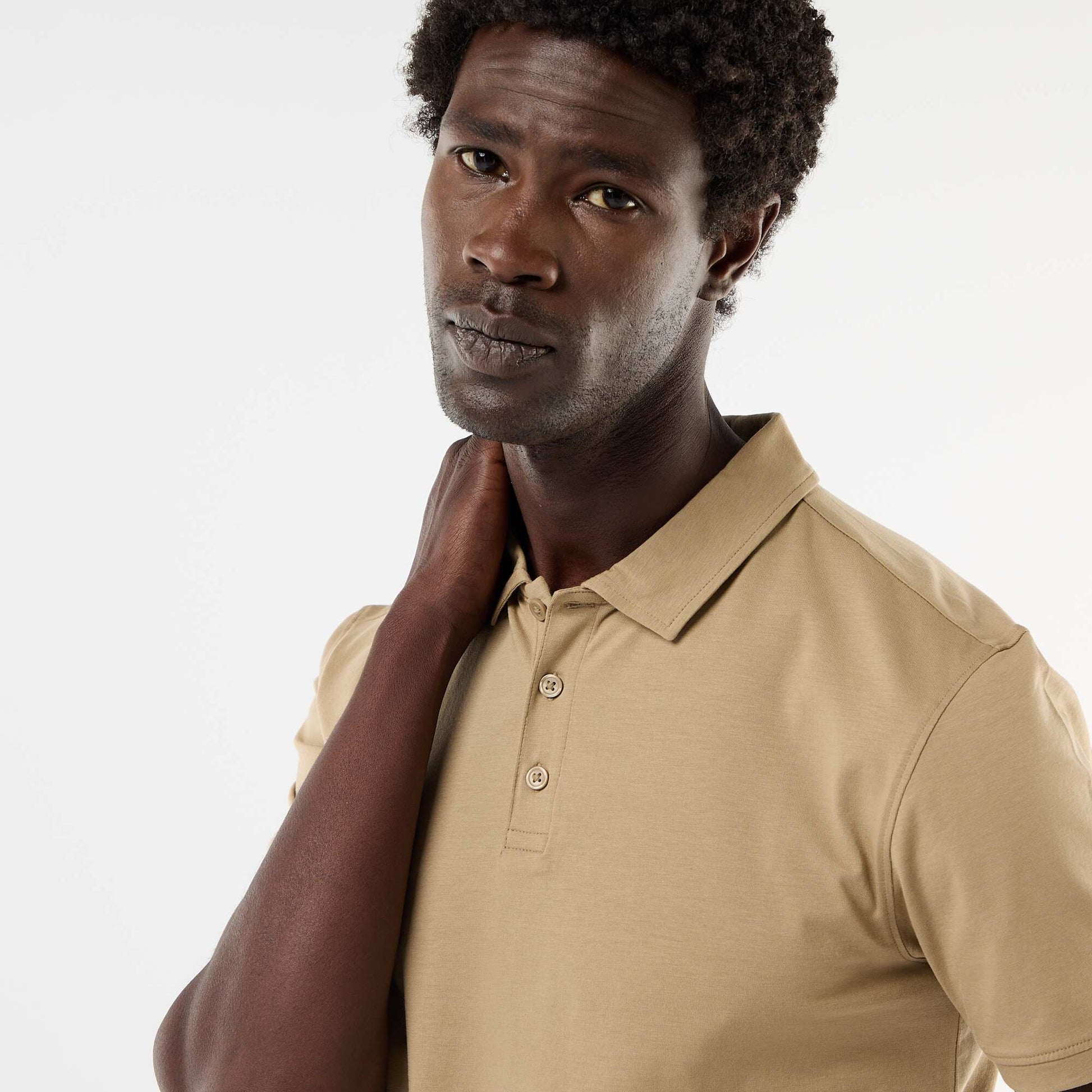 Honeycomb Knit Polo with Zip Collar BEIGE