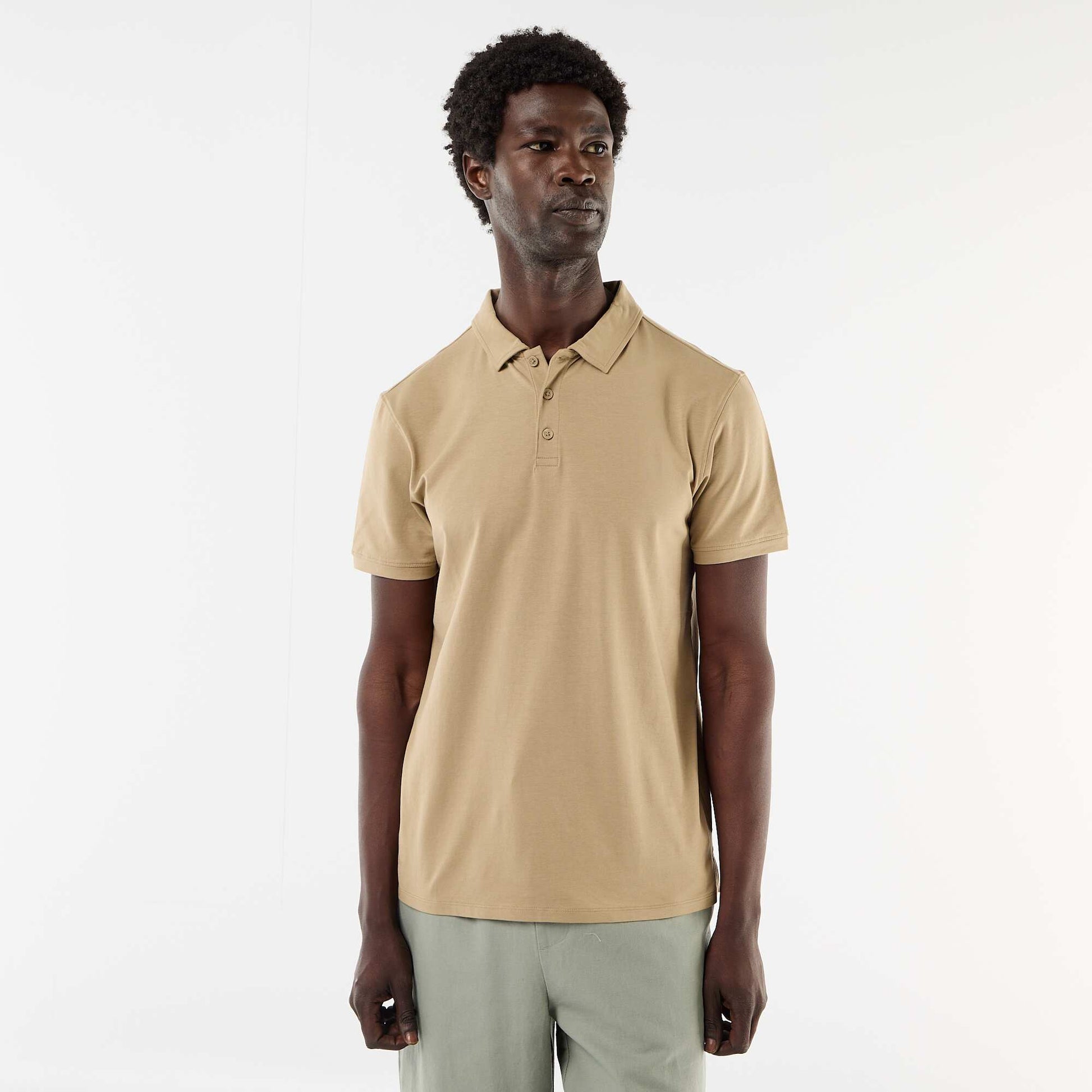 Honeycomb Knit Polo with Zip Collar BEIGE