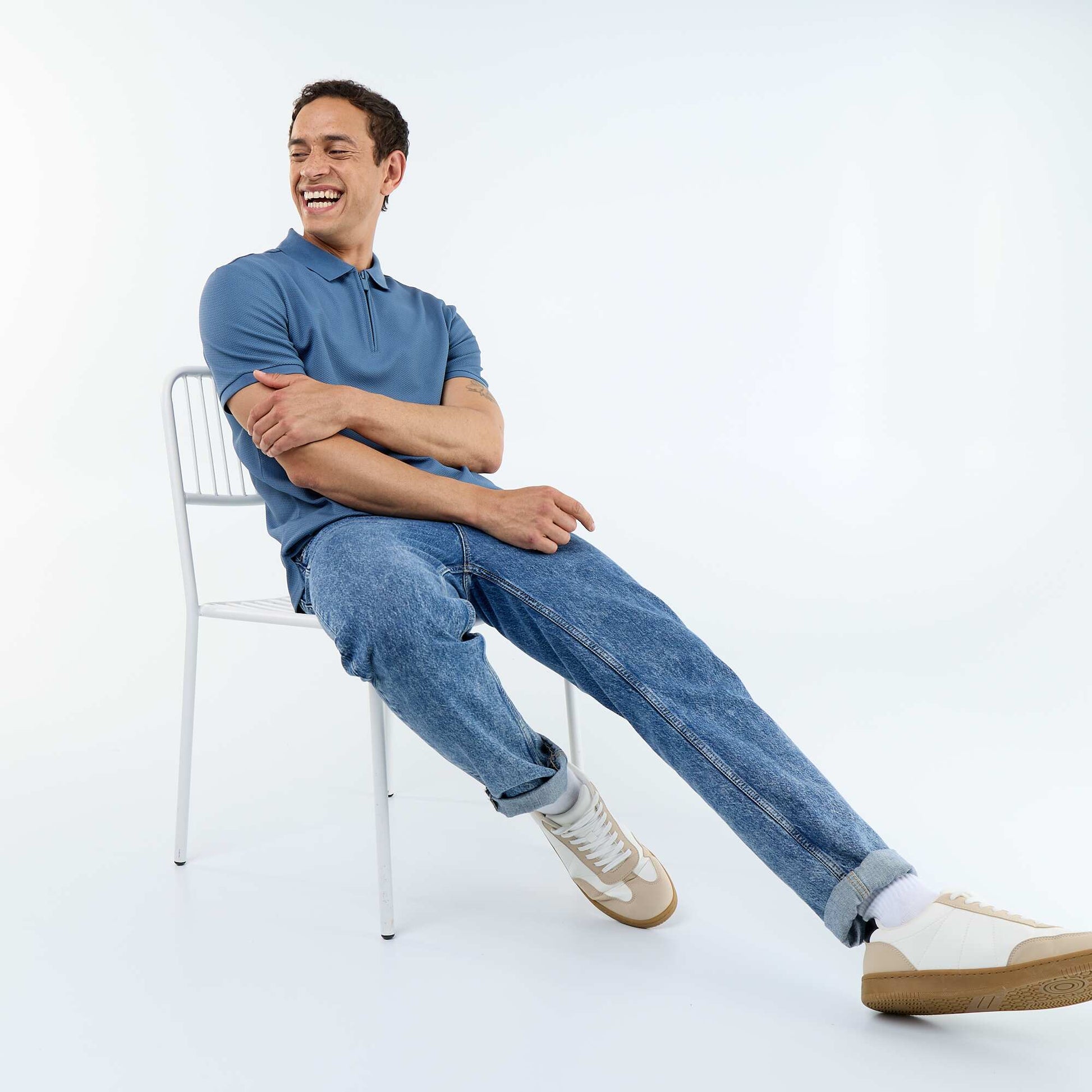 Honeycomb Knit Polo with Zip Collar BLUE