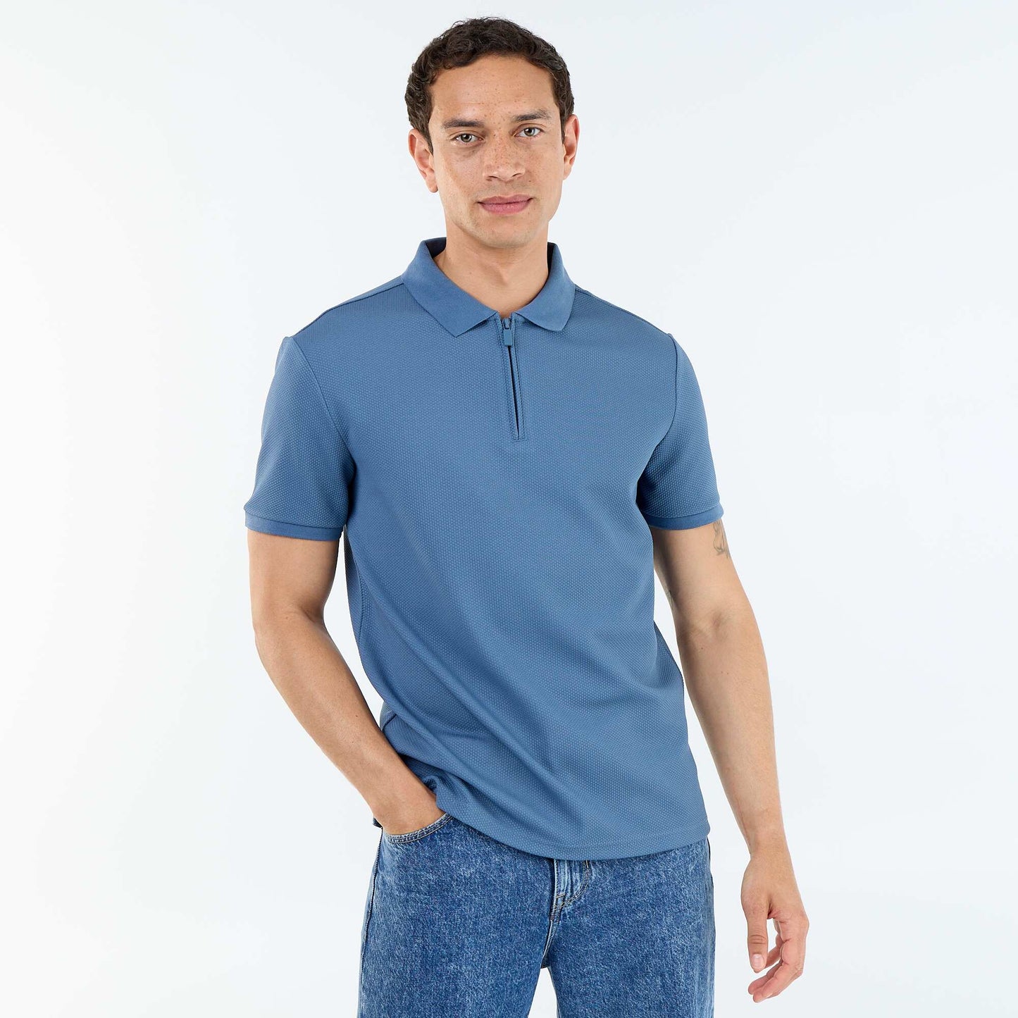Honeycomb Knit Polo with Zip Collar BLUE
