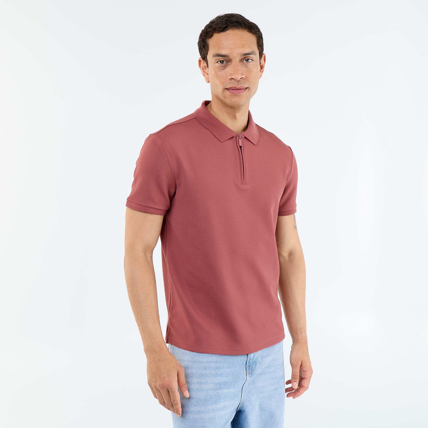 Honeycomb Knit Polo with Zip Collar RED
