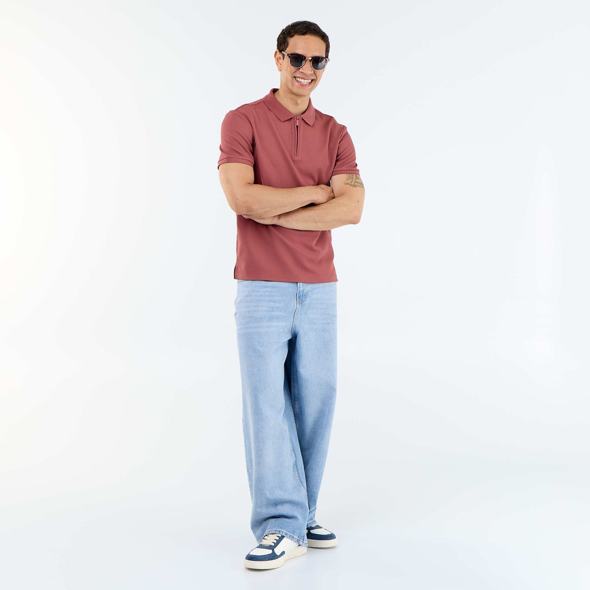 Honeycomb Knit Polo with Zip Collar RED
