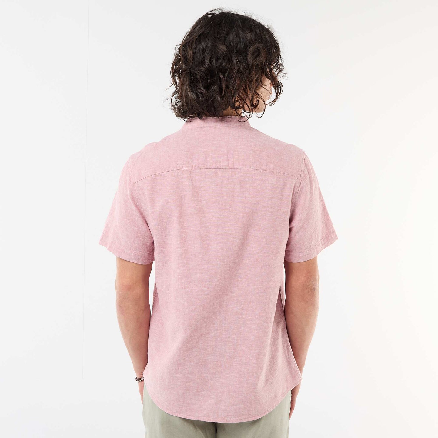 Solid Linen-Blend Short-Sleeve Mao Collar Shirt PINK
