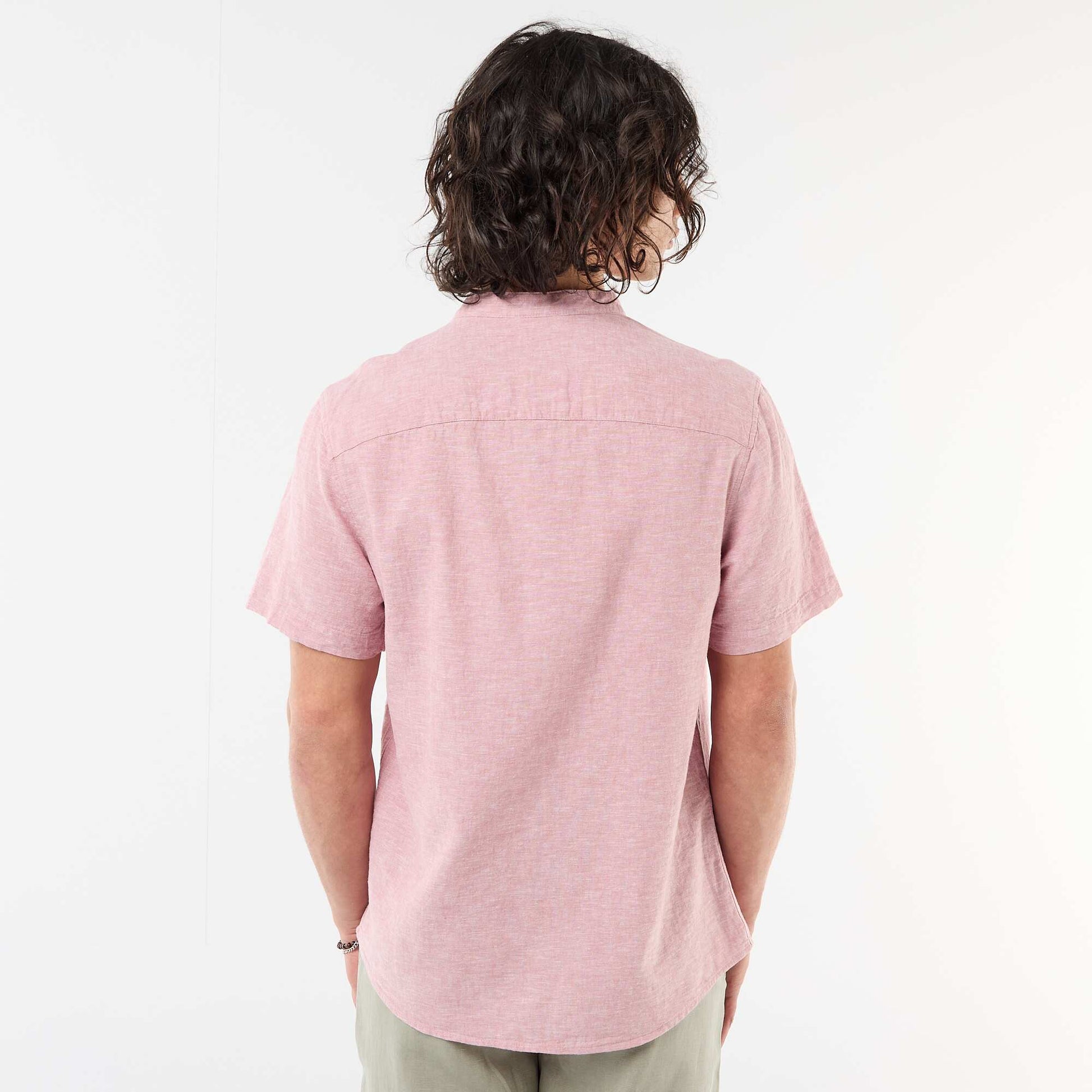 Solid Linen-Blend Short-Sleeve Mao Collar Shirt PINK