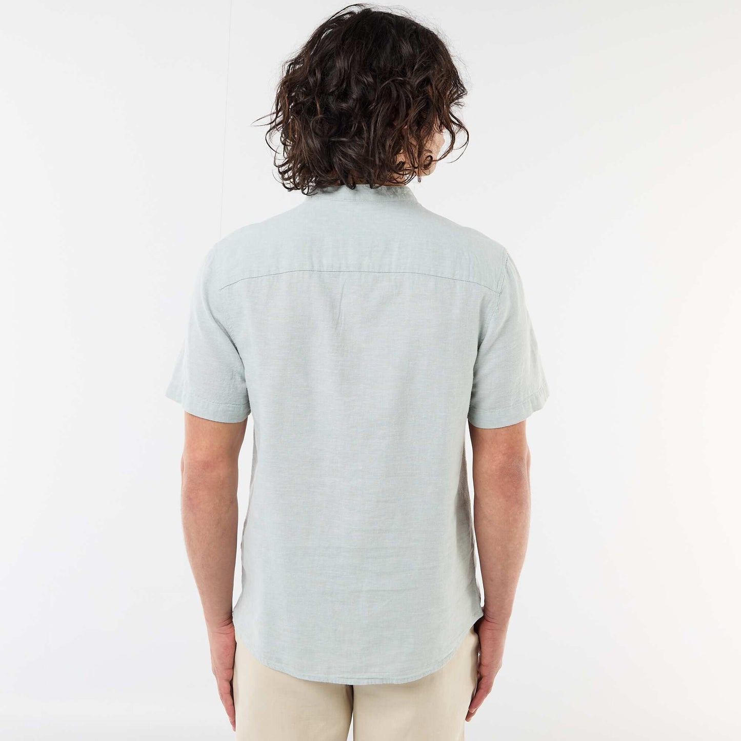 Solid Linen-Blend Short-Sleeve Mao Collar Shirt GREEN
