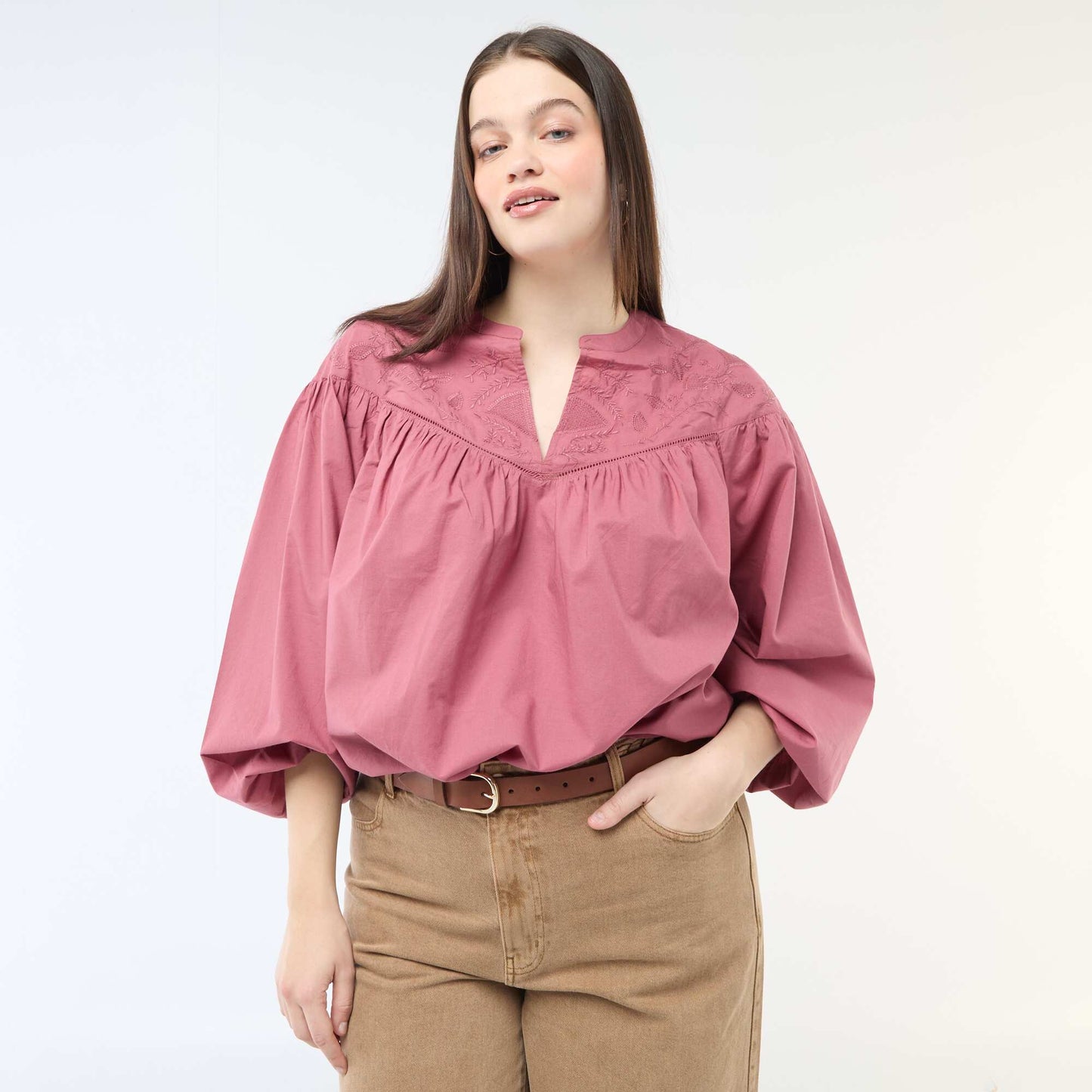 Long-Sleeved Blouse with Embroidery RED