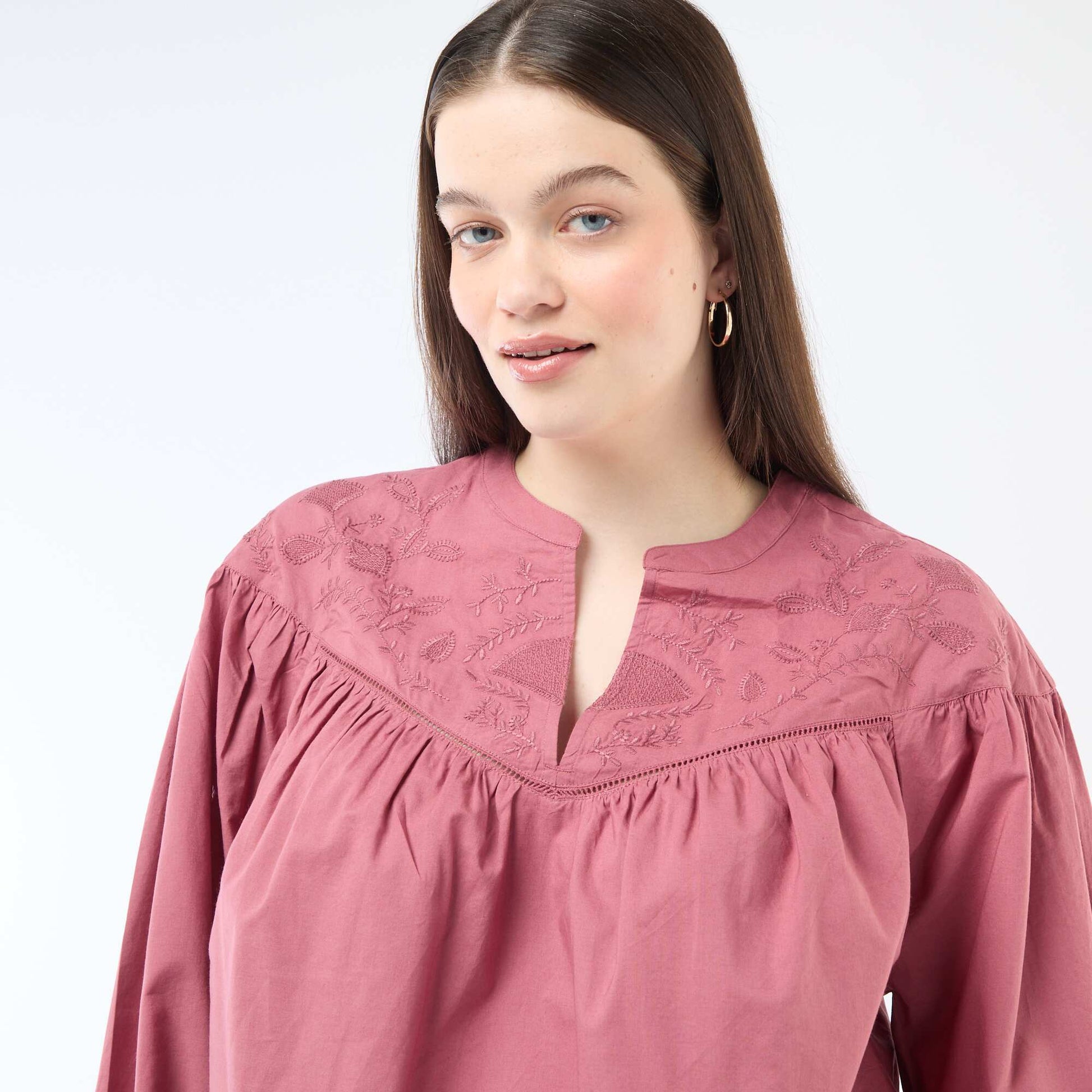 Long-Sleeved Blouse with Embroidery RED
