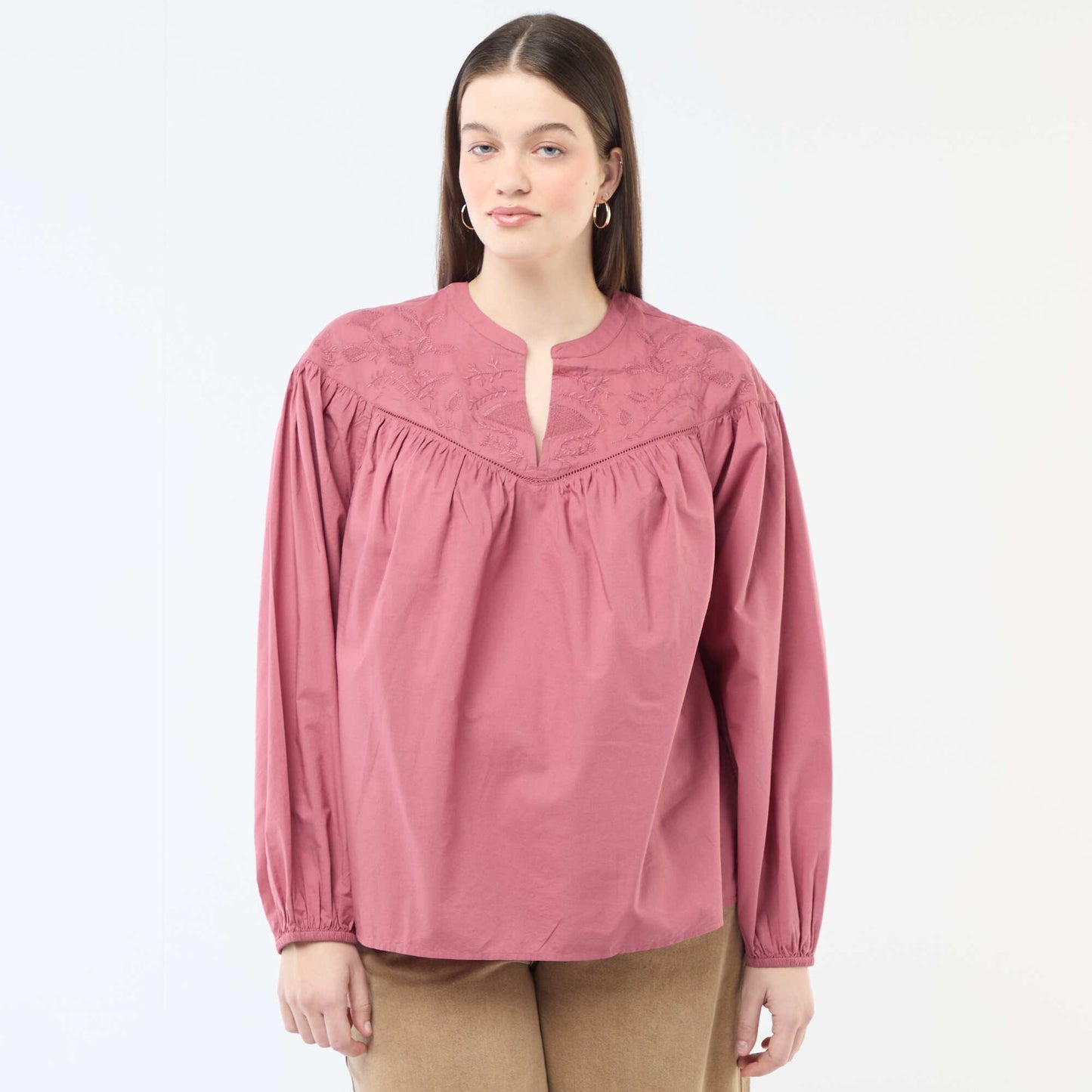 Long-Sleeved Blouse with Embroidery RED