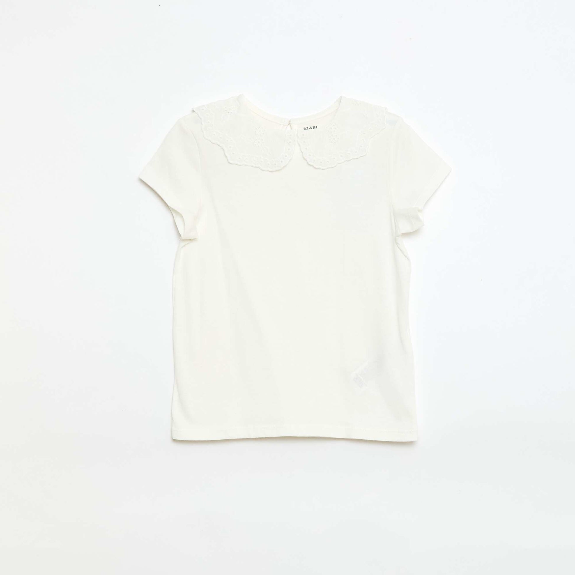 Jersey T-shirt with Round Neck and Broderie Anglaise WHITE